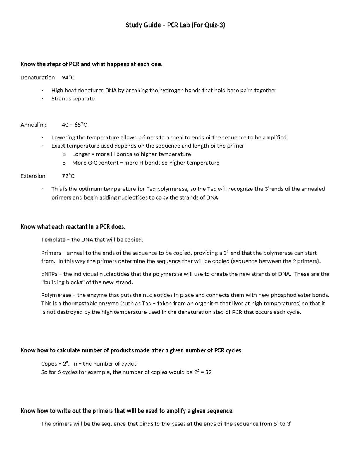 PCR Lab Study Guide for Quiz-3: Steps, Reactions, and Calculations ...