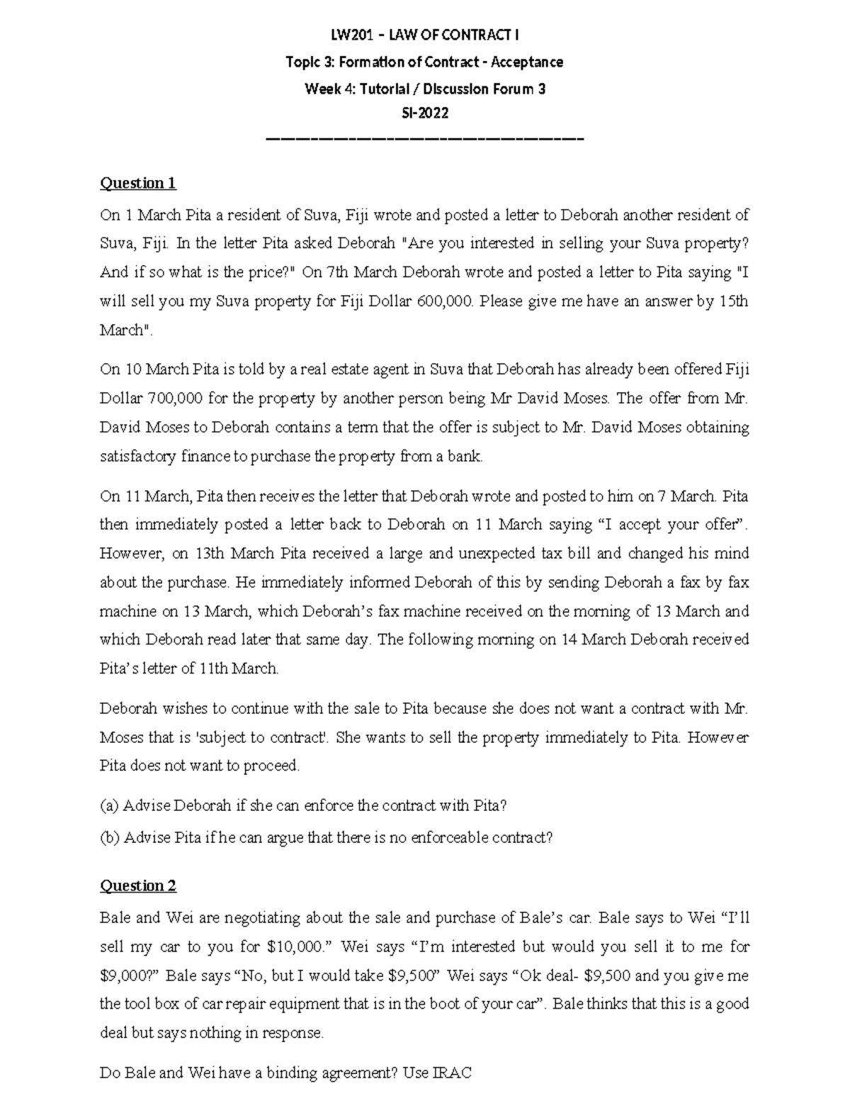 Tutorial 3 Week 4 - Notes - LW201 – LAW OF CONTRACT I Topic 3 ...