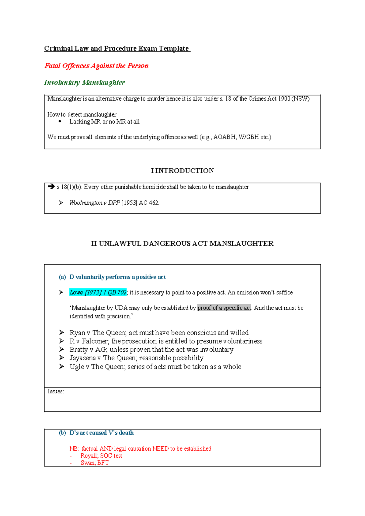 Criminal Law & Procedure Exam Template: Fatal Offences & Manslaughter ...