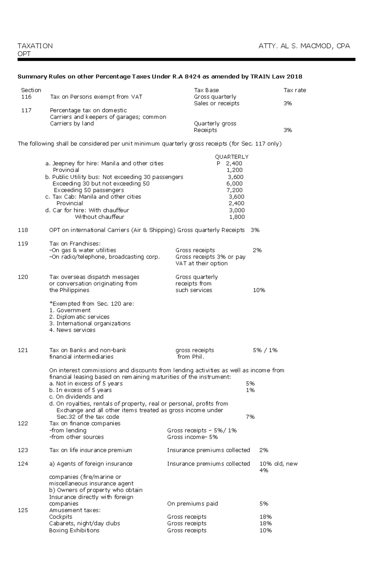 OPT-2 - Summary of Rules on Percentage Taxes Under R.A. 8424 - Studocu