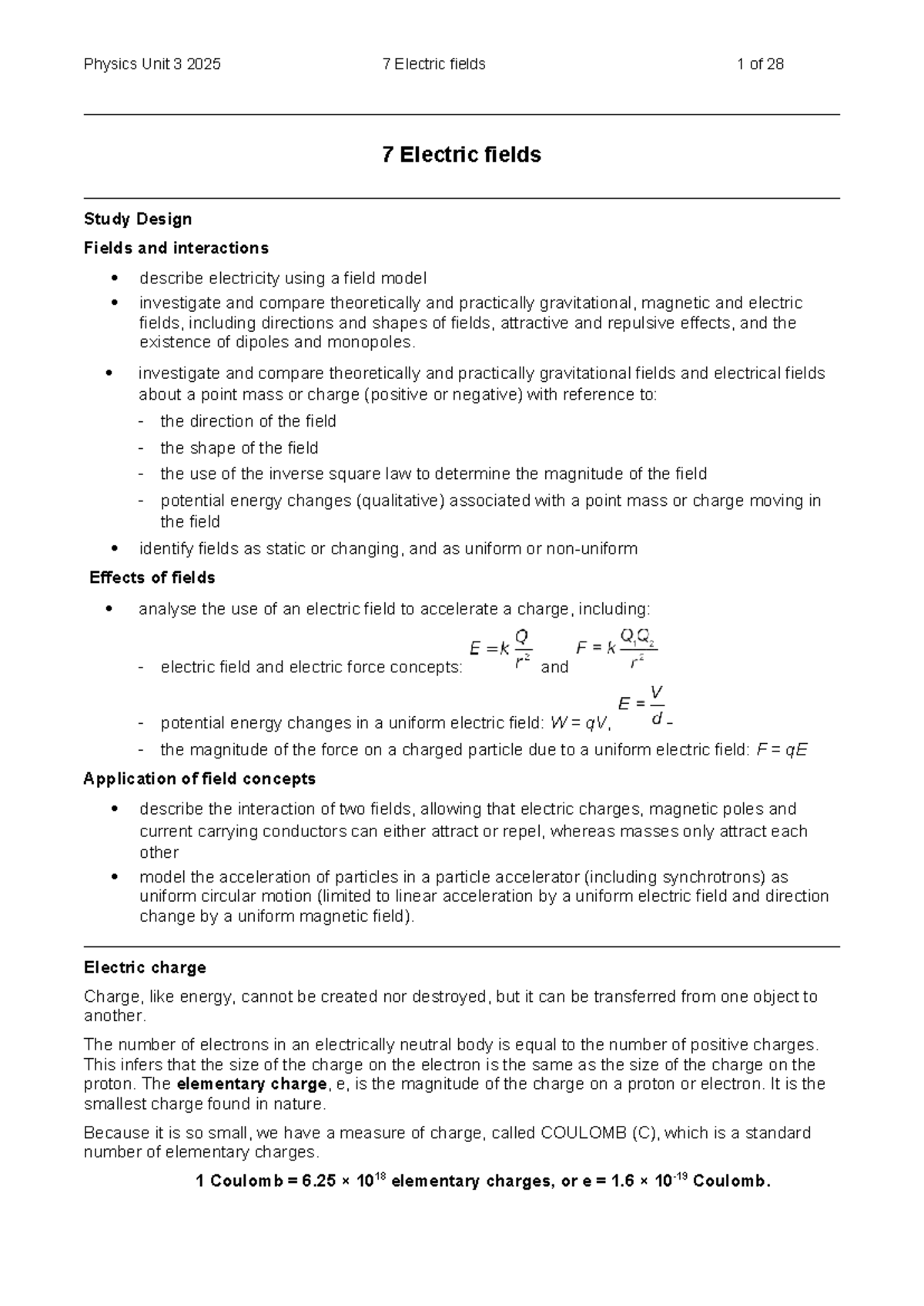 Physics Unit 3 2025: Electric Fields Comprehensive Study Notes - Studocu