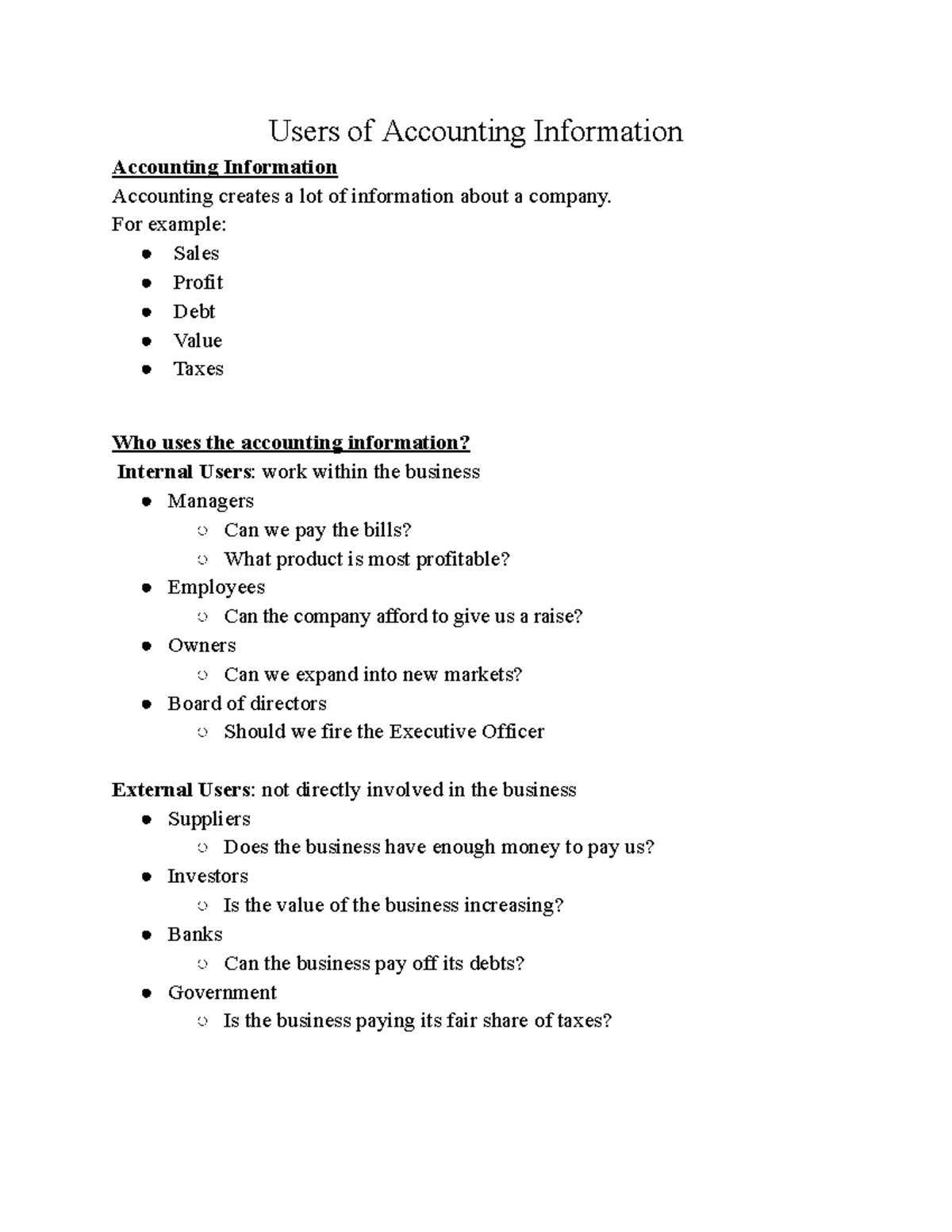 Users of Accounting Info: Internal & External Stakeholders - Studocu