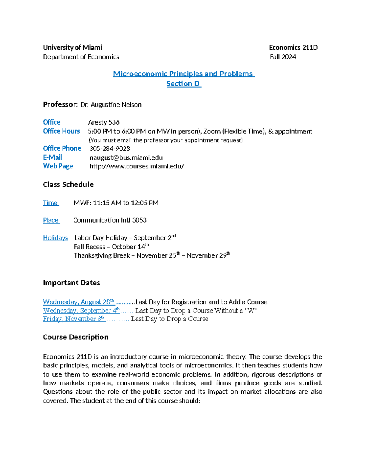 ECO211D Syllabus: Microeconomics Principles for Fall 2024 - Studocu