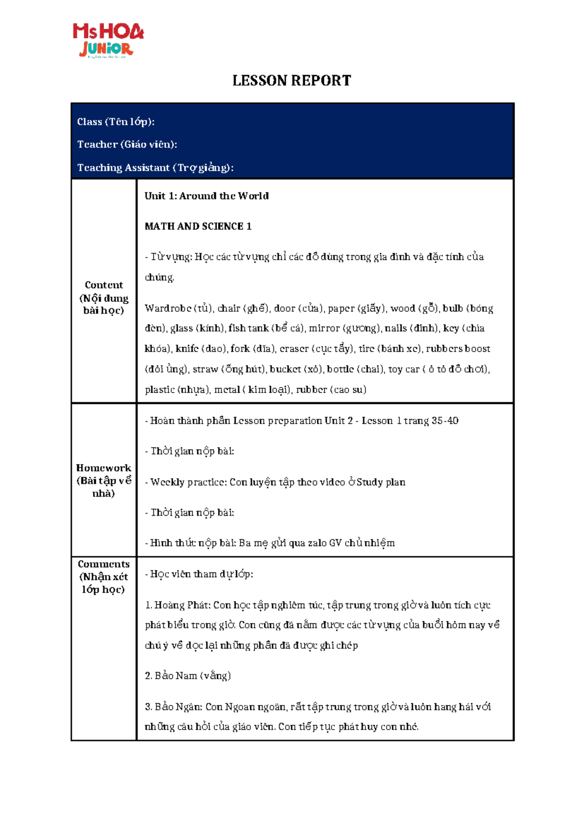 MATH AND SCIENCE 1: Lesson Report on Unit 1 - Around the World - Studocu