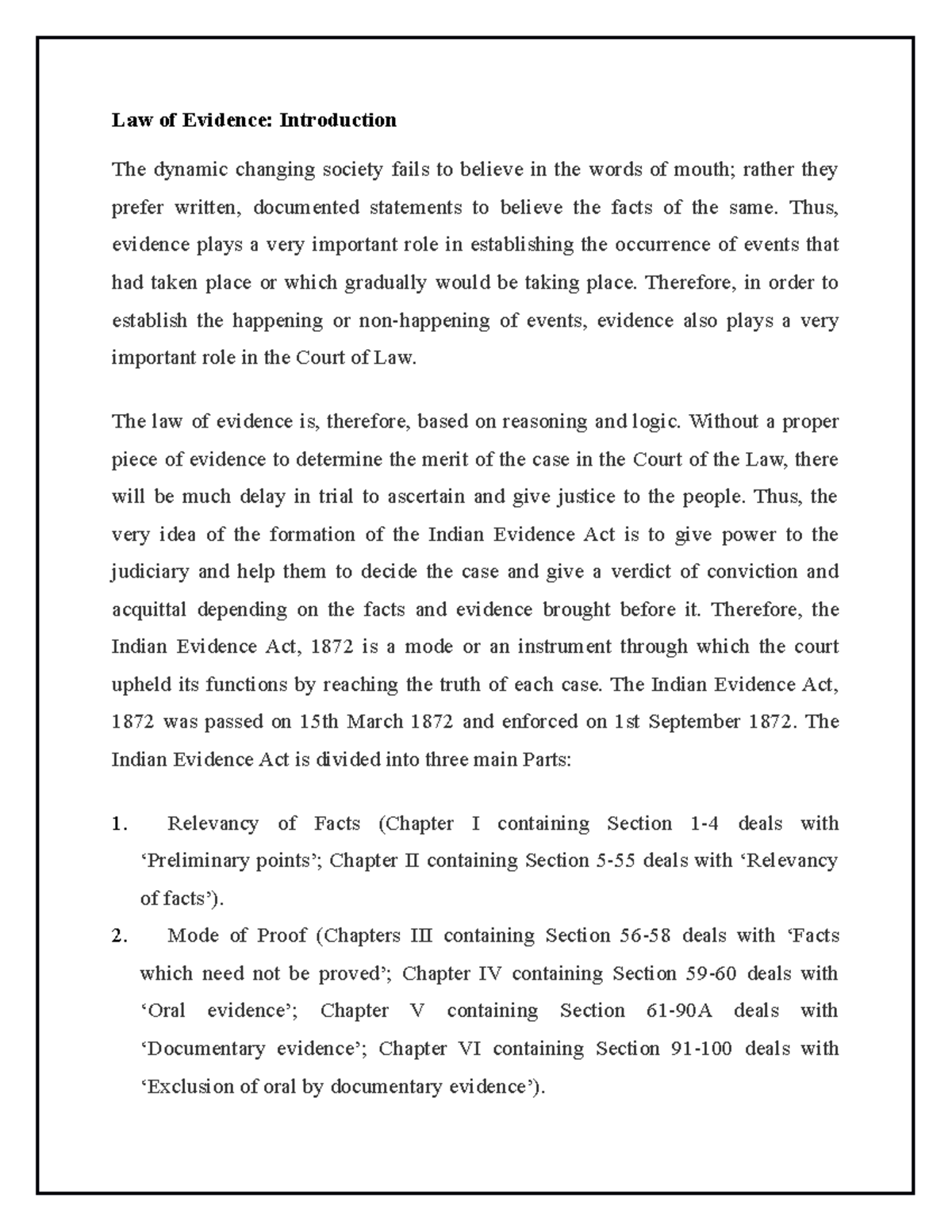 Law of Evidence Unit 1 - Law of Evidence: Introduction The dynamic ...