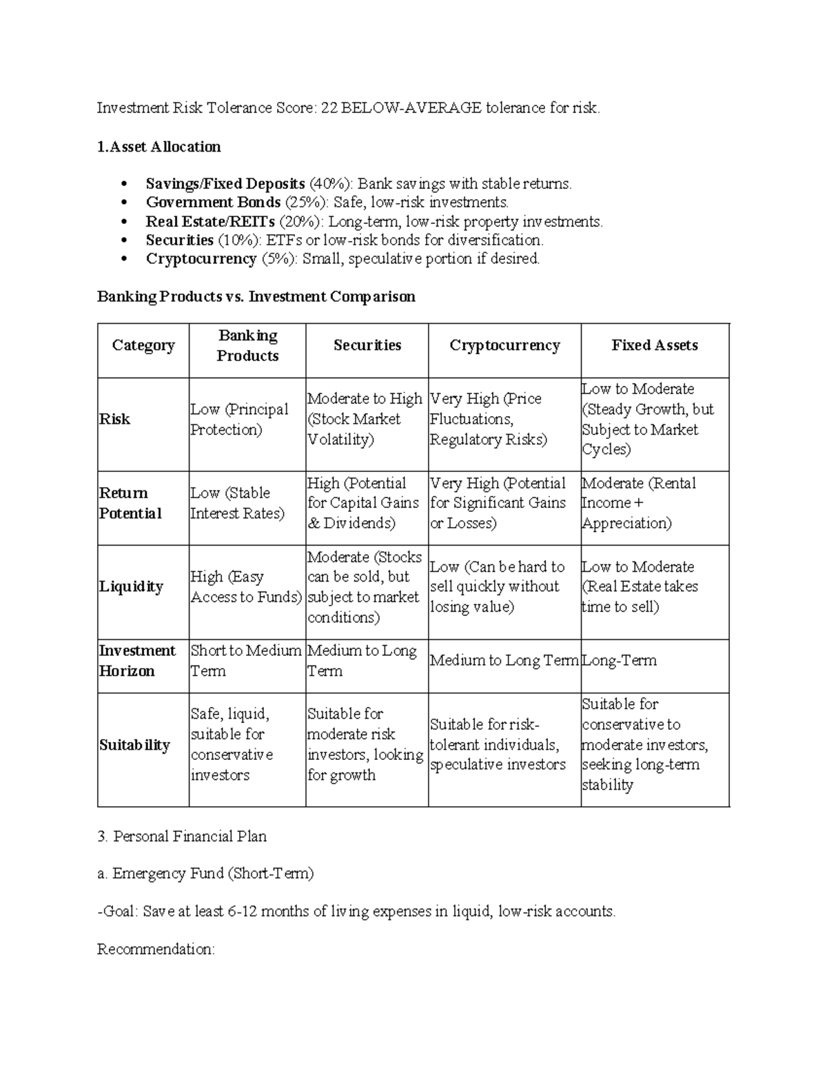 Investment Risk Tolerance Score & Financial Planning Guide - Studocu