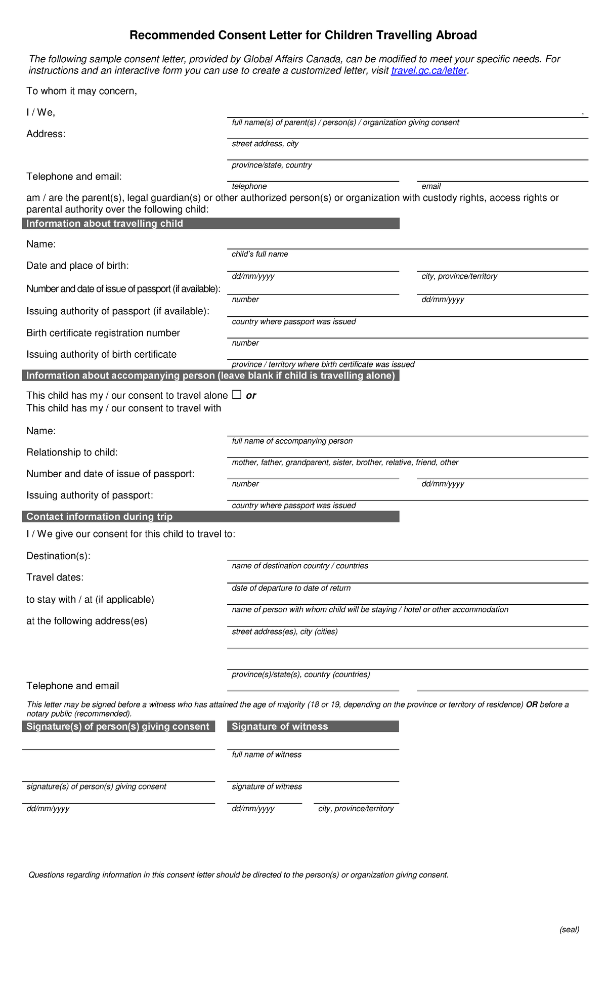 Consent Letter Template for Children Traveling Abroad - English - Studocu