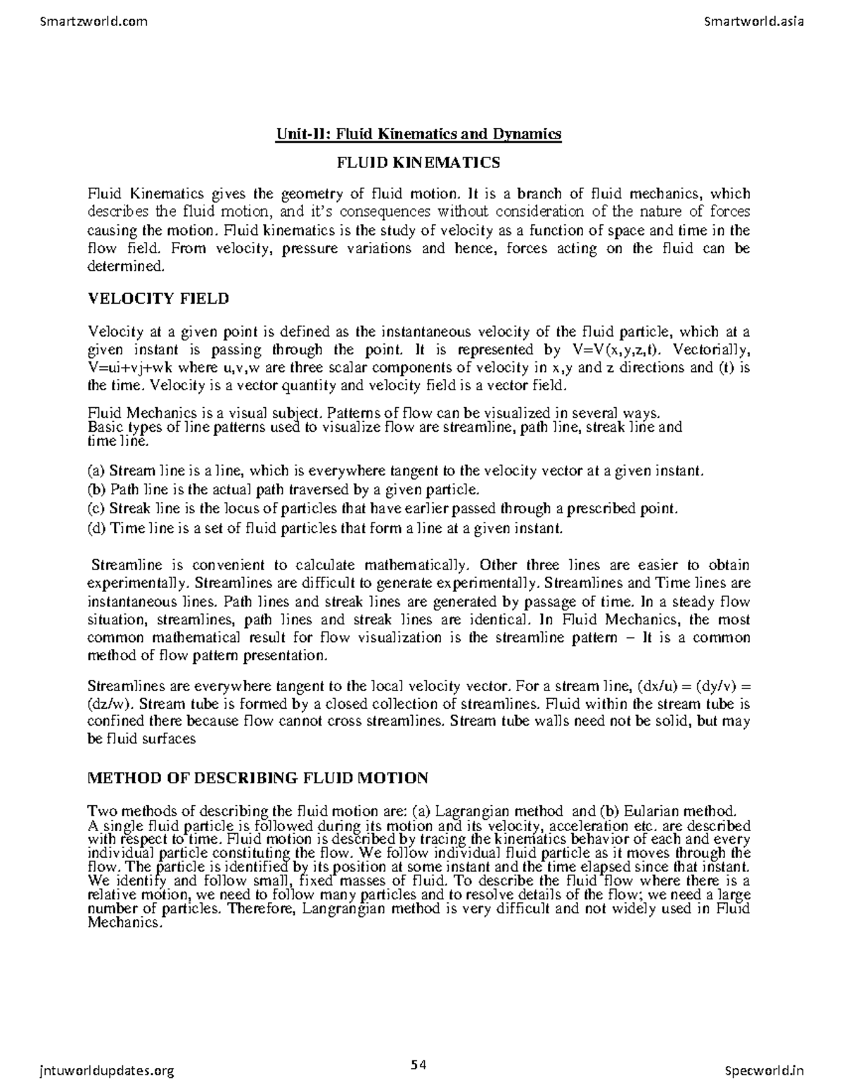 Fluid Kinematics and Dynamics: Mechanics of Fluids Unit-2 - Studocu