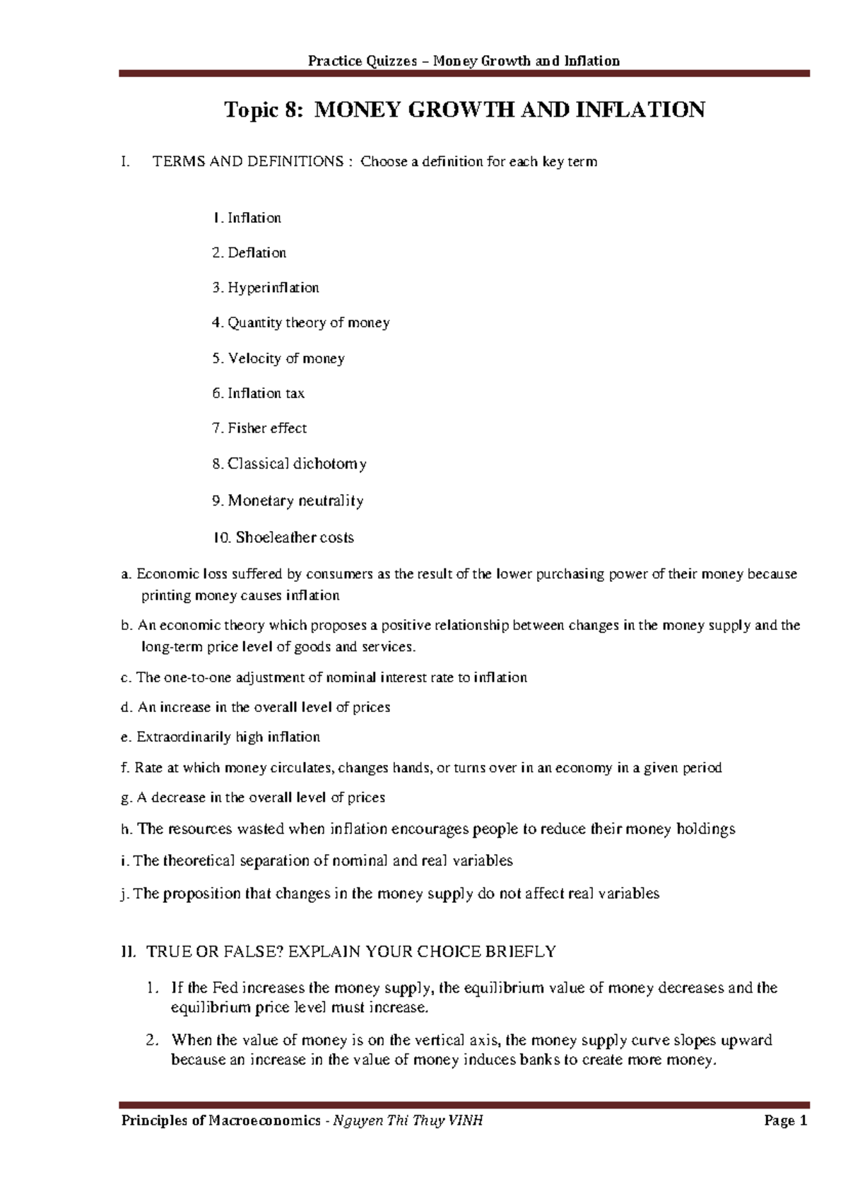 Practice Quizzes: Money Growth and Inflation (Topic 8) - Studocu