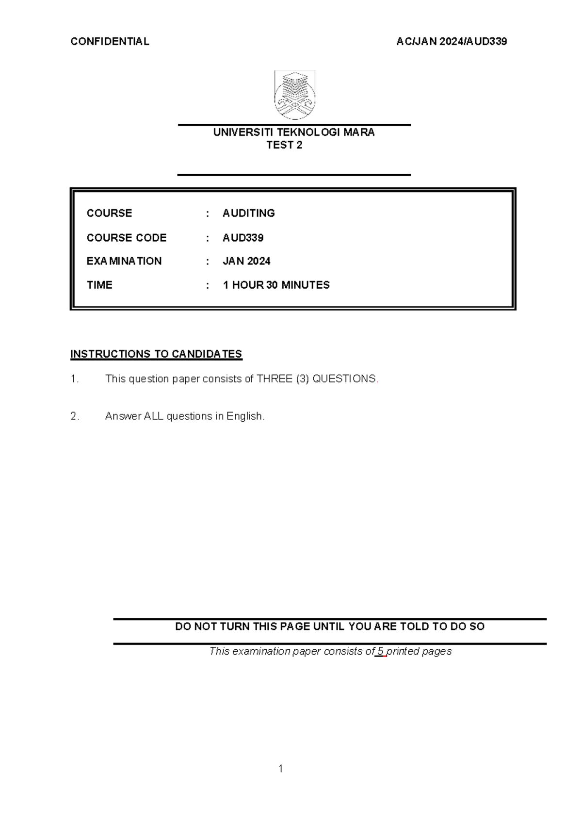 15 TEST 2 AUD339 JAN 2024 Q - UNIVERSITI TEKNOLOGI MARA TEST 2 COURSE ...