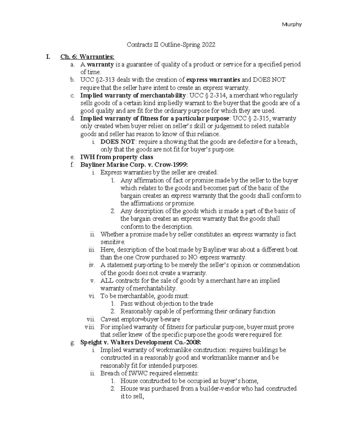 Contracts II - Outline of Key Concepts & Legal Principles - Studocu
