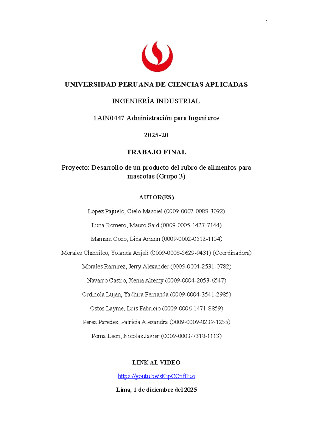 1AIN0447 Trabajo Final: Desarrollo de Producto Alimenticio para Mascotas - Document Preview