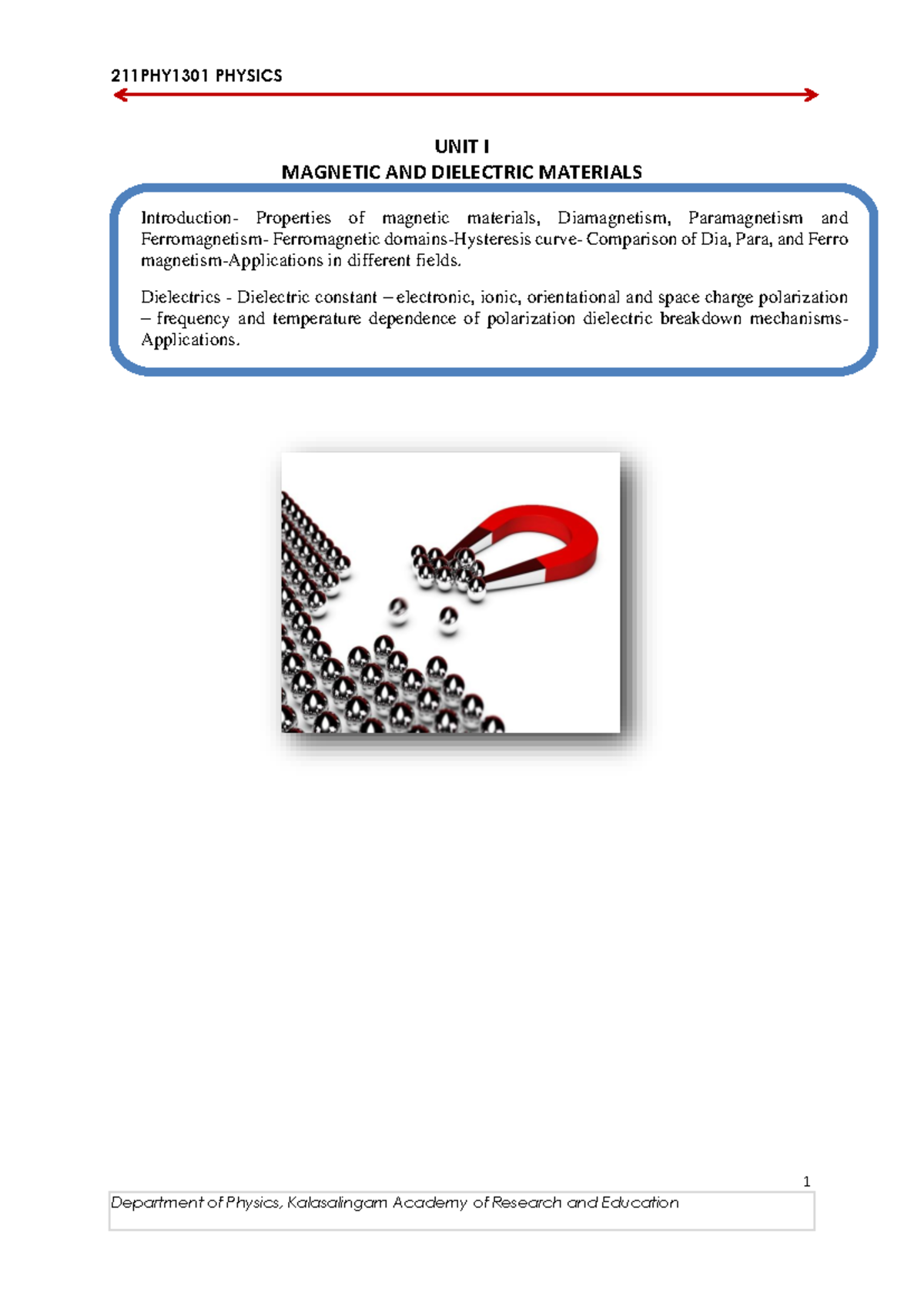 UNIT I - Magnetic AND Dielectric Materials (1) - 1 UNIT I MAGNETIC AND ...