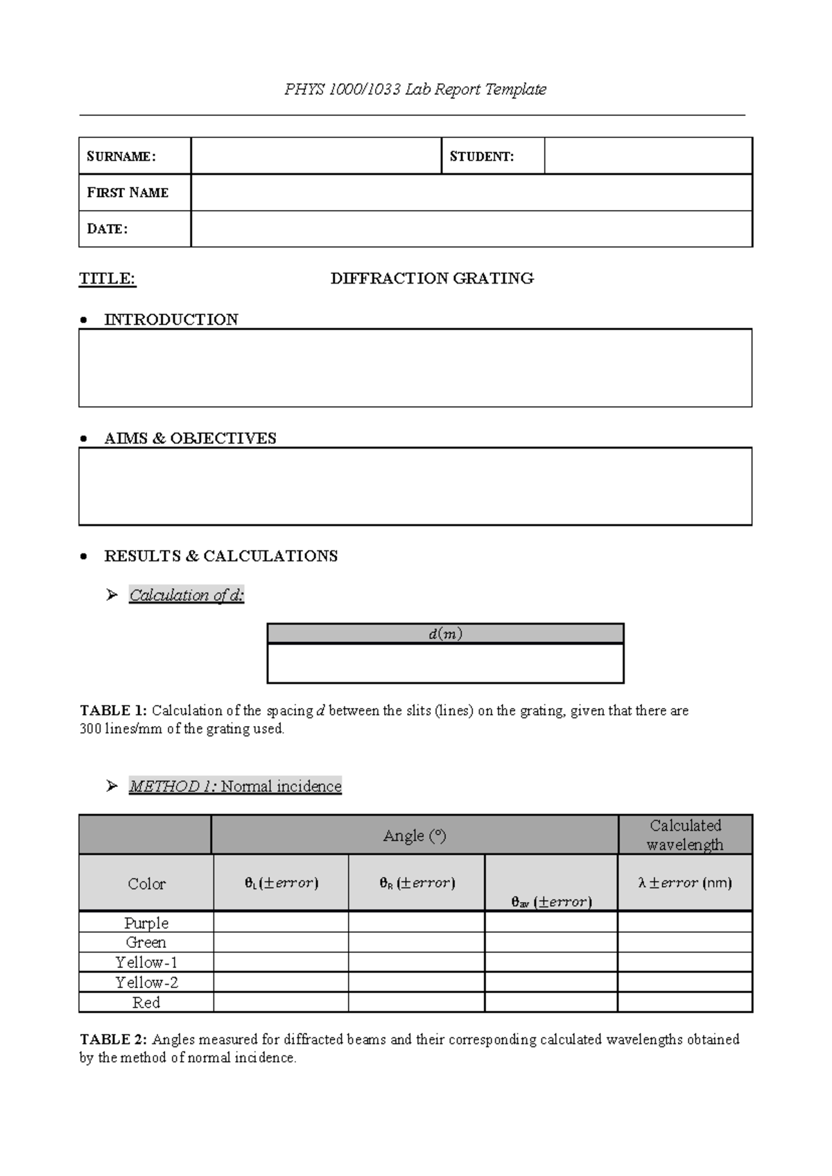PHYS 1000/1033 - Lab Report on Diffraction Grating Experiment - Studocu