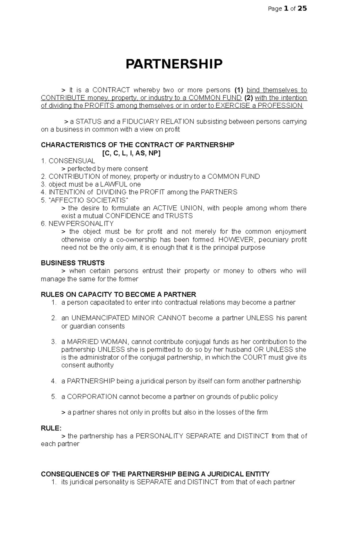 Law-on-partnership - notes - PARTNERSHIP It is a CONTRACT whereby two ...