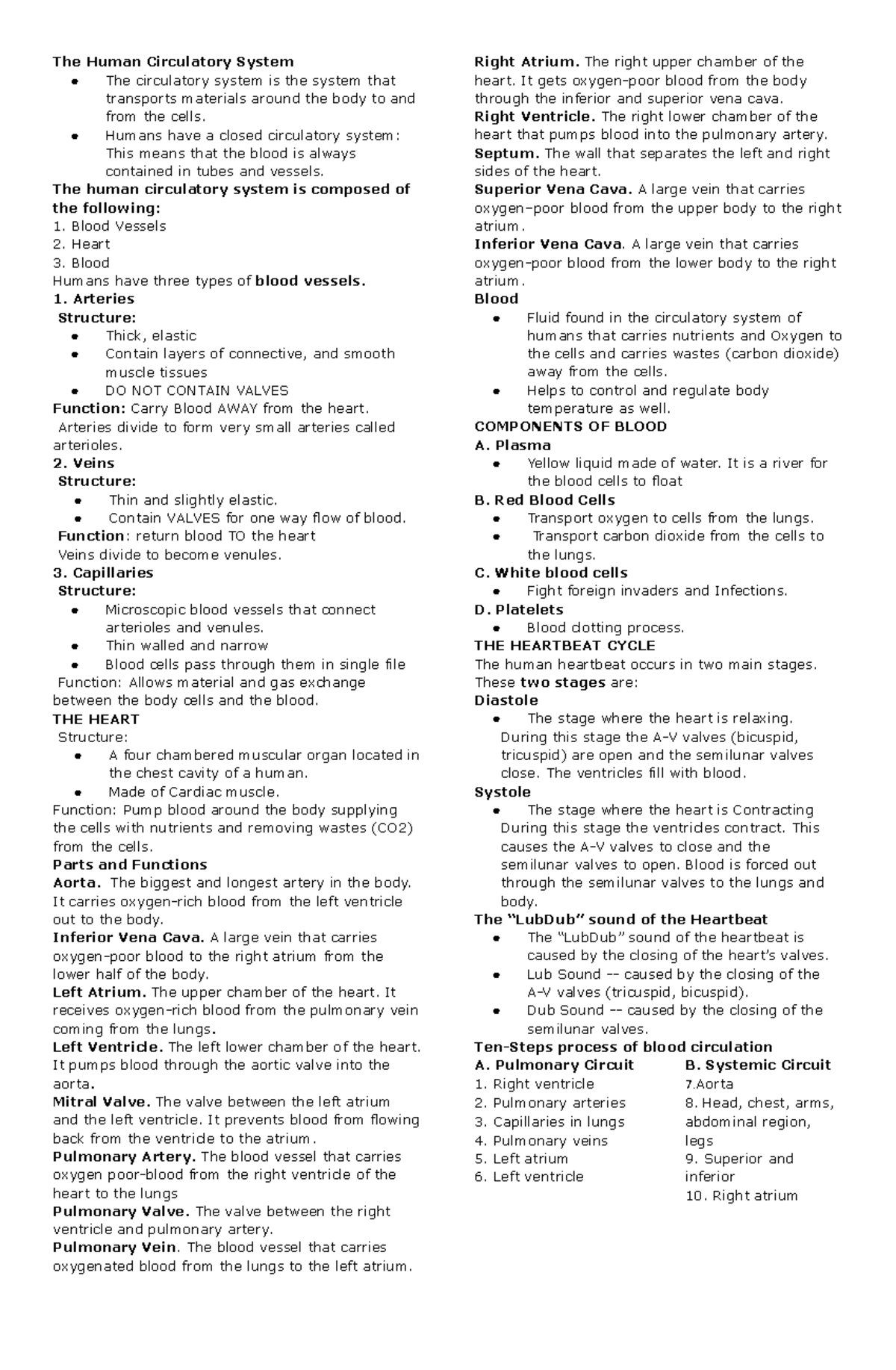 Lecture Notes on the Human Circulatory System (BIO101) - Studocu
