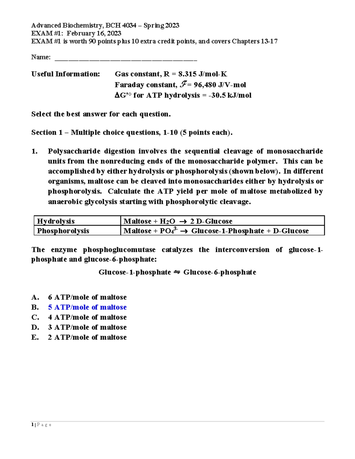 BCH 4034 Advanced Biochemistry Spring 2023 Exam 1 Answer Key - Studocu
