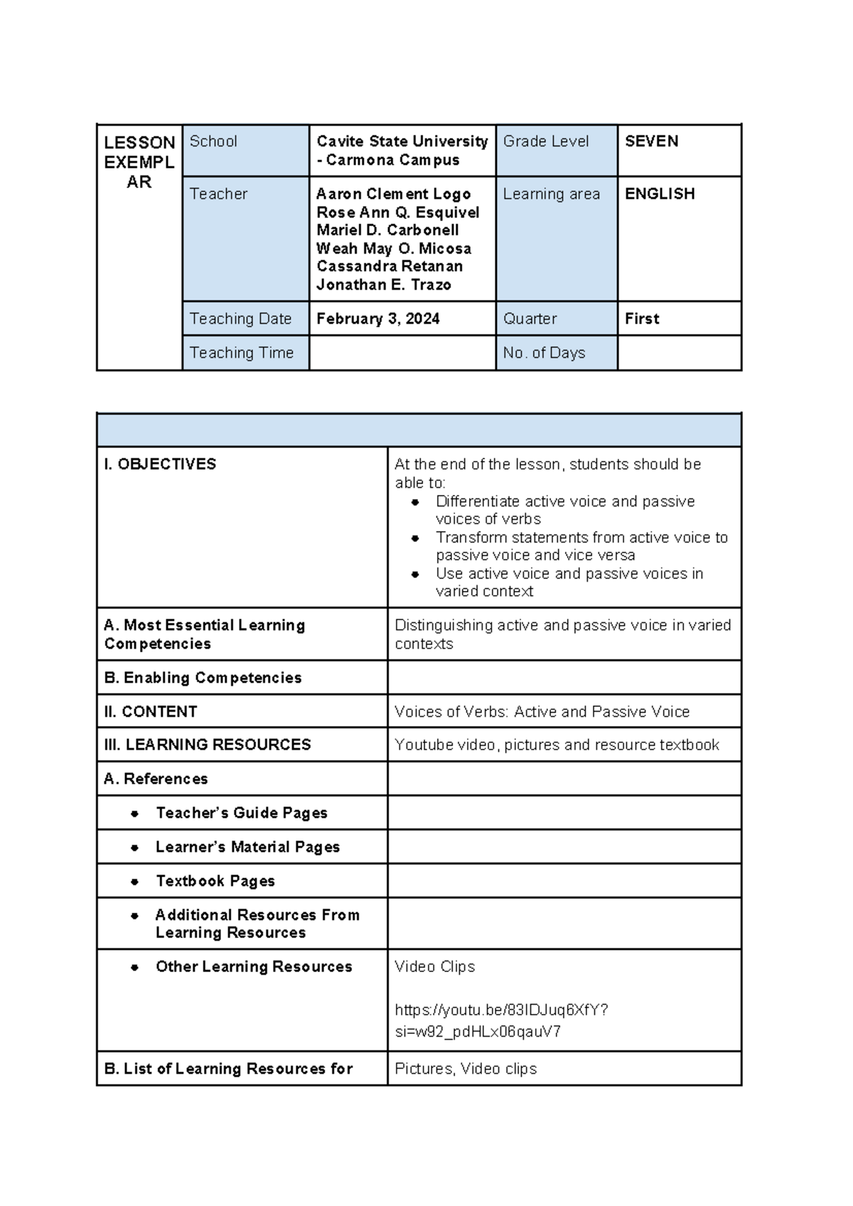 Lesson Plan for English: Active and Passive Voices (Grade 7) - Studocu