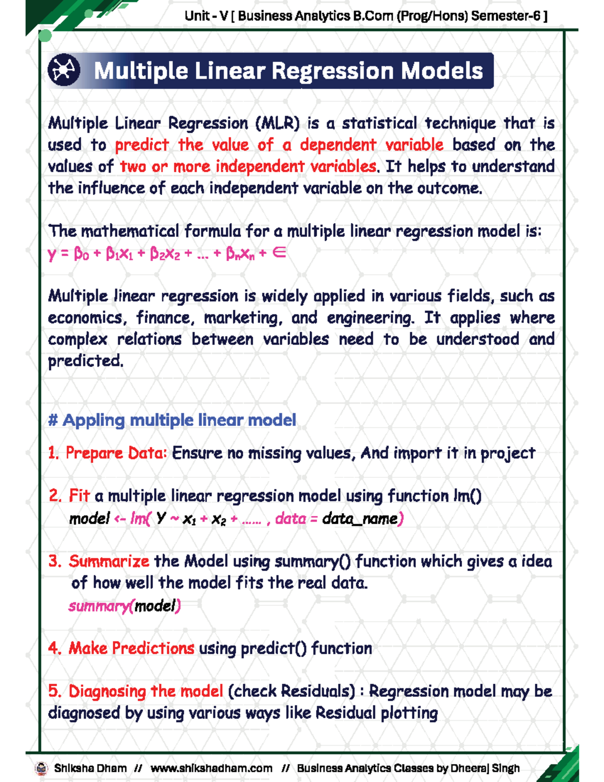 B.Com Business Analytics: MLR Models Class Notes - Studocu