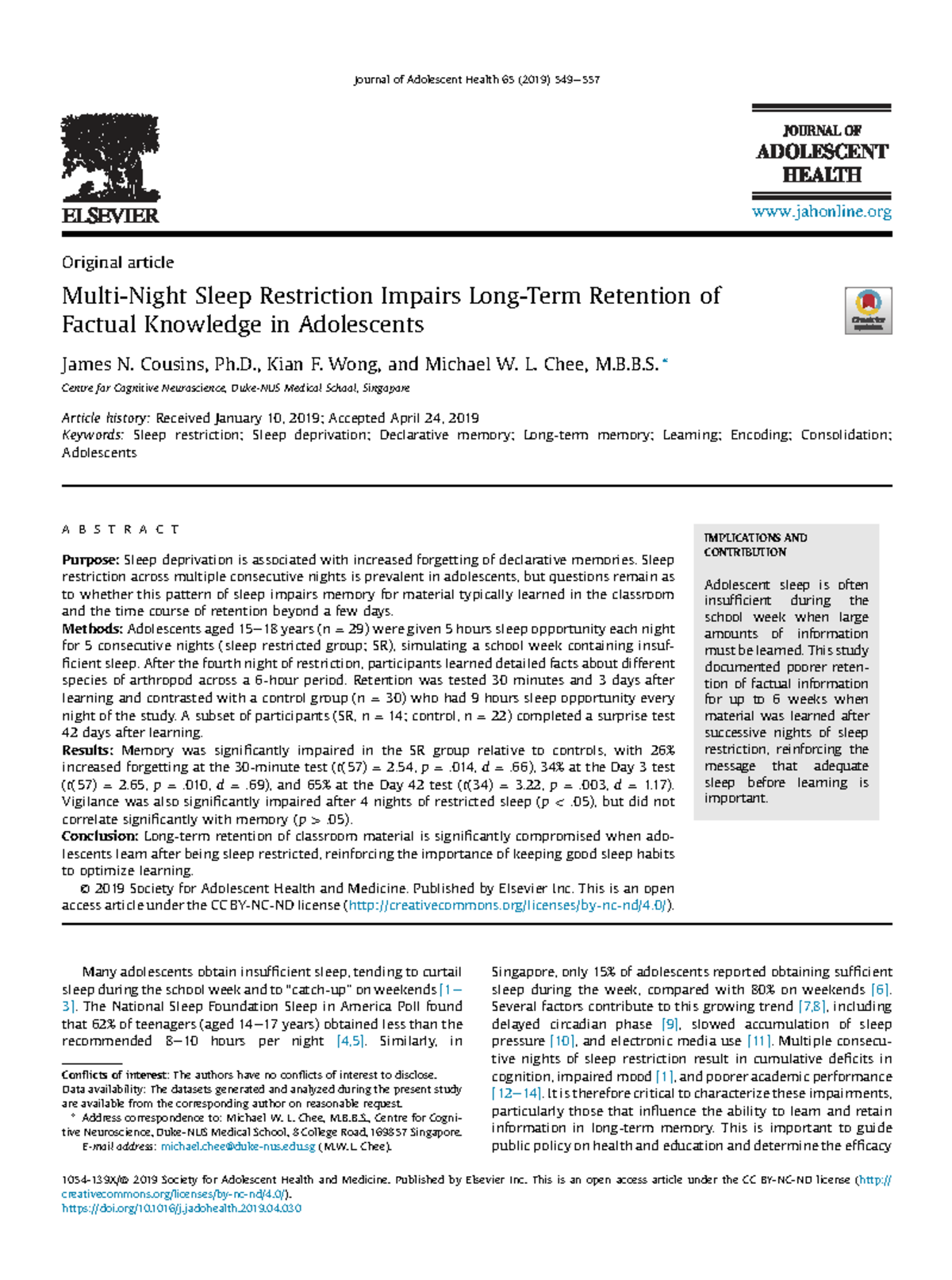 Sleep Restriction and Memory Retention in Adolescents: JAH 65 (2019 ...