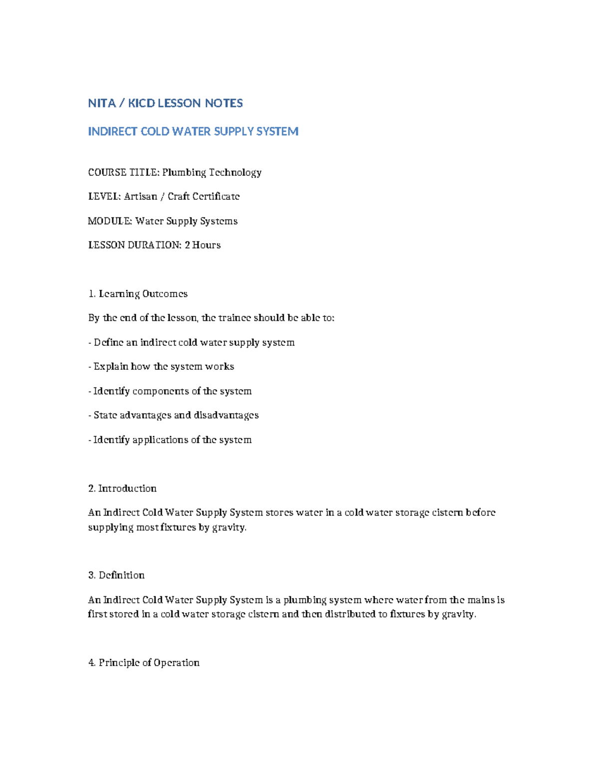 NITA KICD LESSON NOTES: Indirect Cold Water Supply System - Studocu