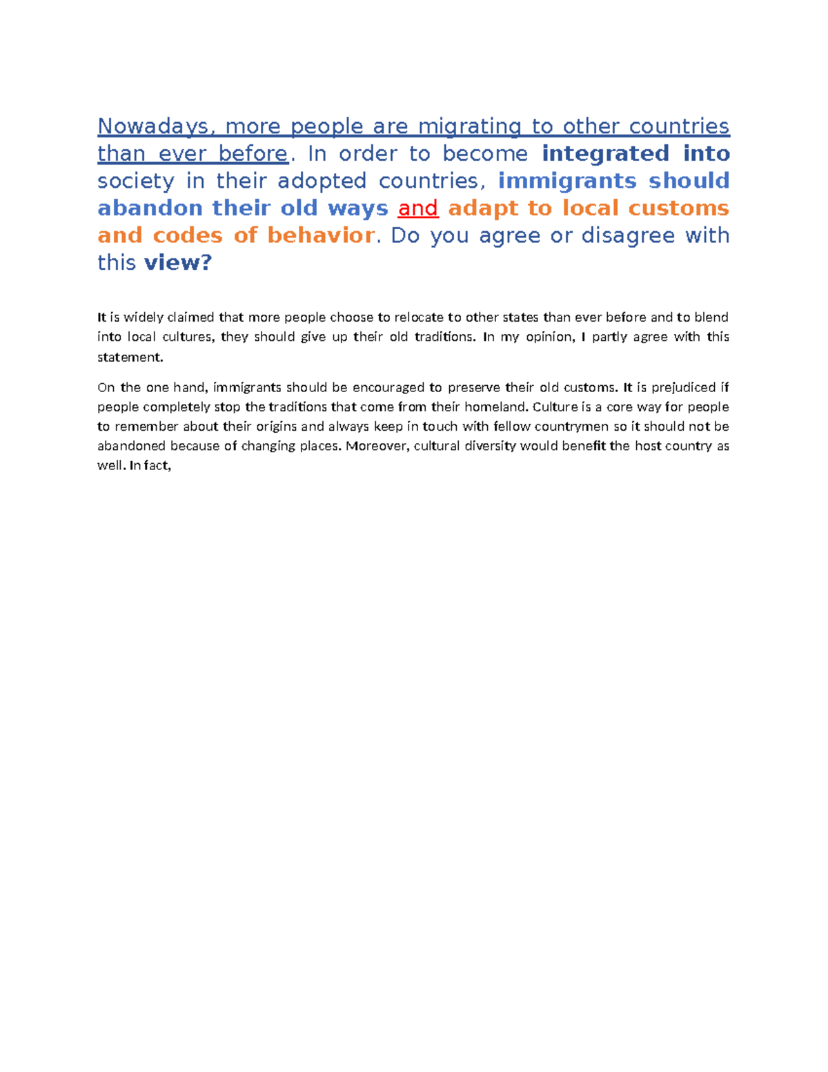2112021 - Essay on Immigrant Integration and Cultural Preservation ...