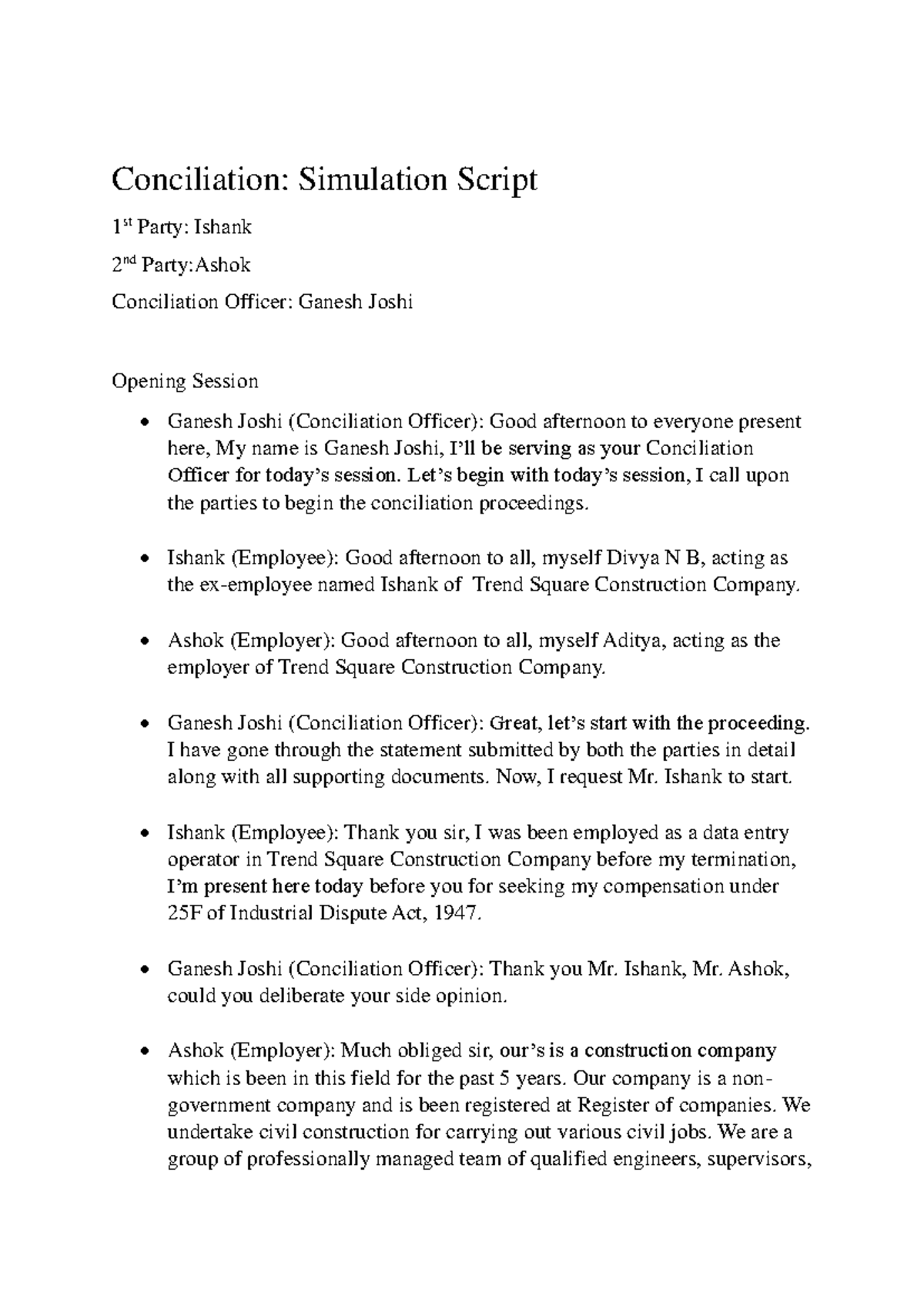 Conciliation Simulation Script: Detailed Proceedings Notes - Studocu