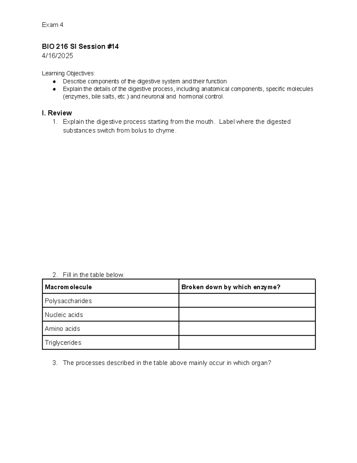 Exam 4 Review: Digestive System Components & Functions - BIO 216 - Studocu