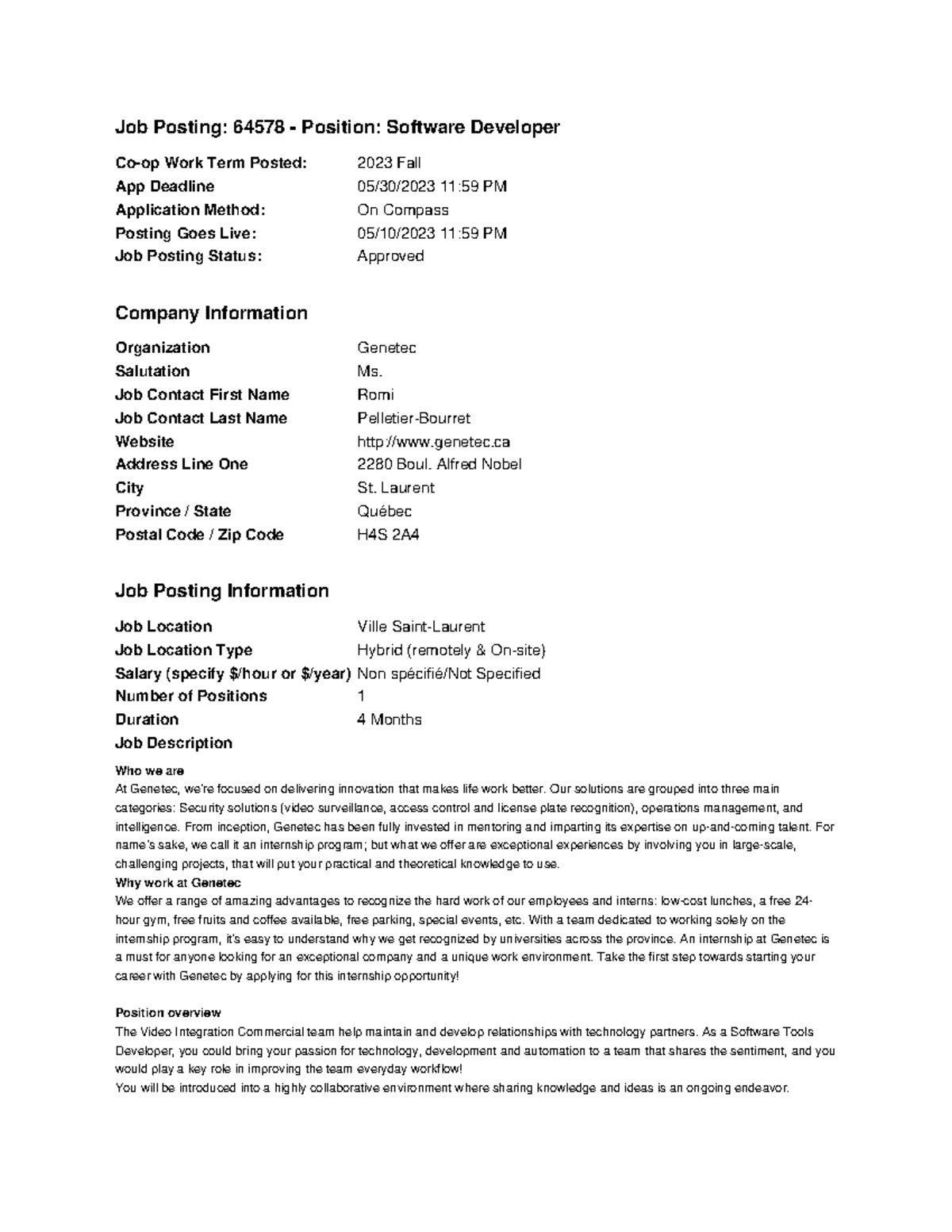 Software Developer Co-op Job Posting 64578 at Genetec - Fall 2023 - Studocu