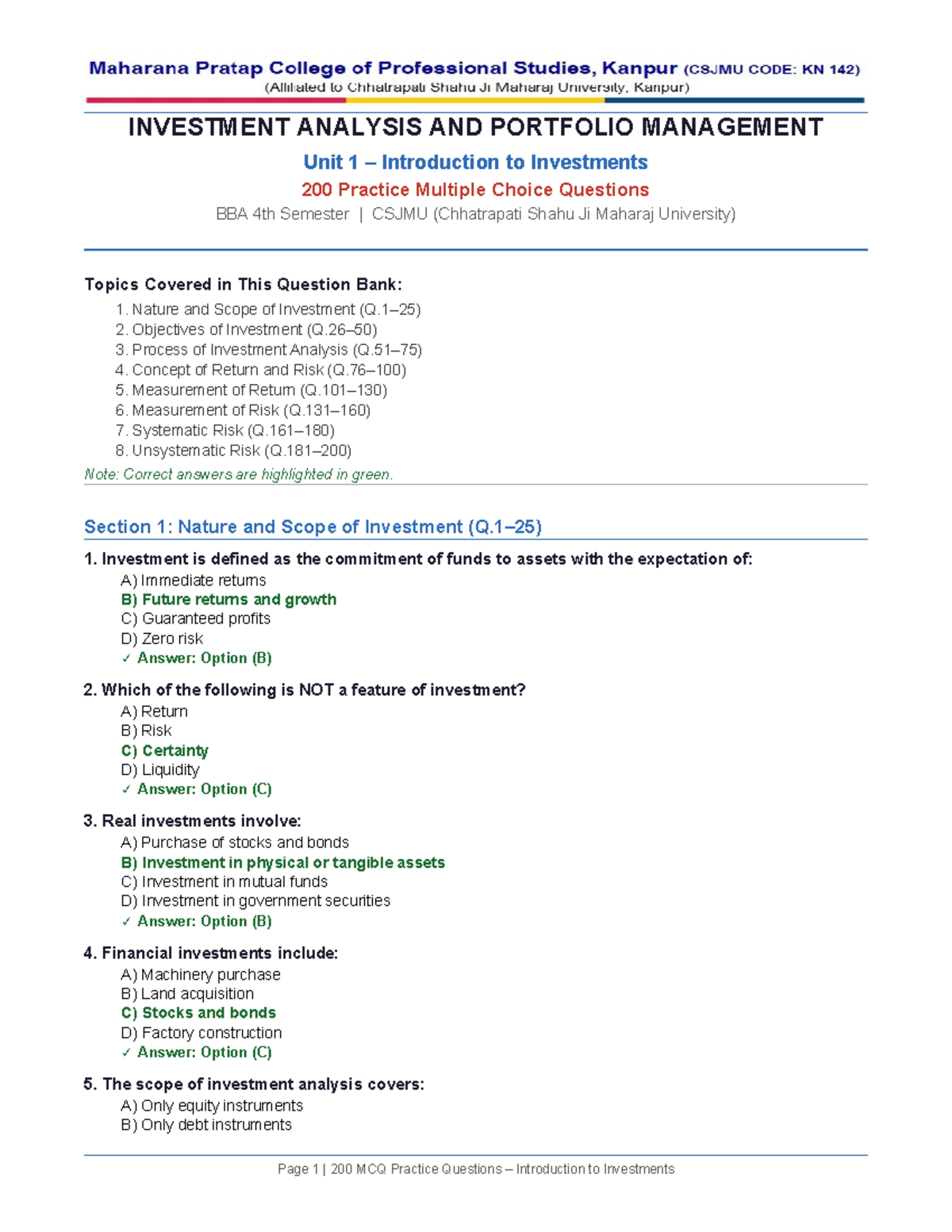 BBA 4th Sem: Investment Analysis & Portfolio Management - 200 MCQs ...