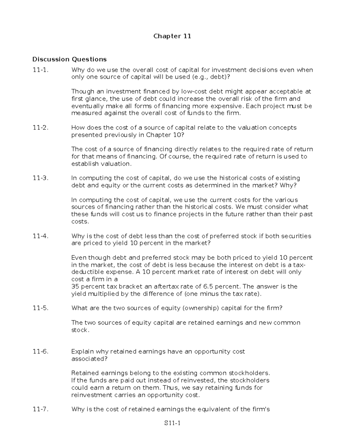 Chapter 11 Discussion Questions: Cost of Capital and Investment ...