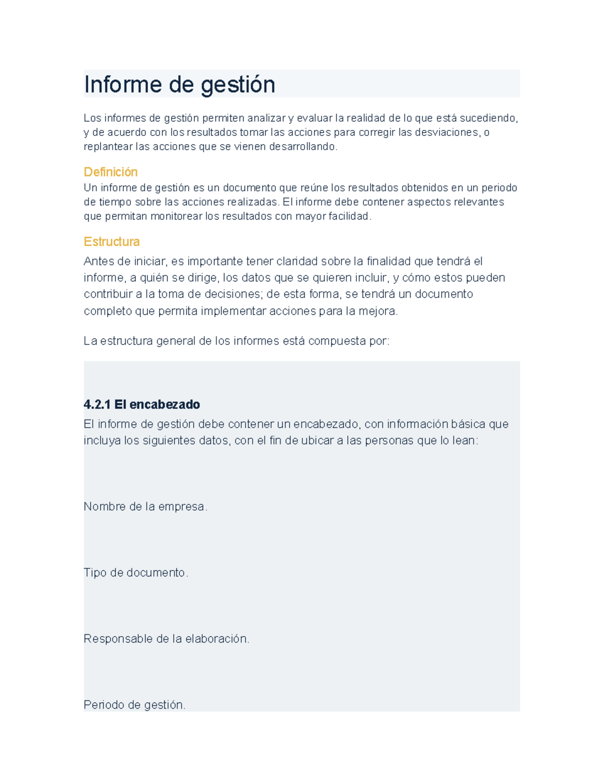 Informe de Gestión: Estructura y Recomendaciones para Actividad 4 - Studocu