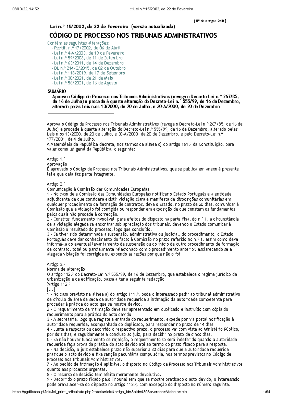 CPTA - Código de Processo nos Tribunais Administrativos (Atualizado ...