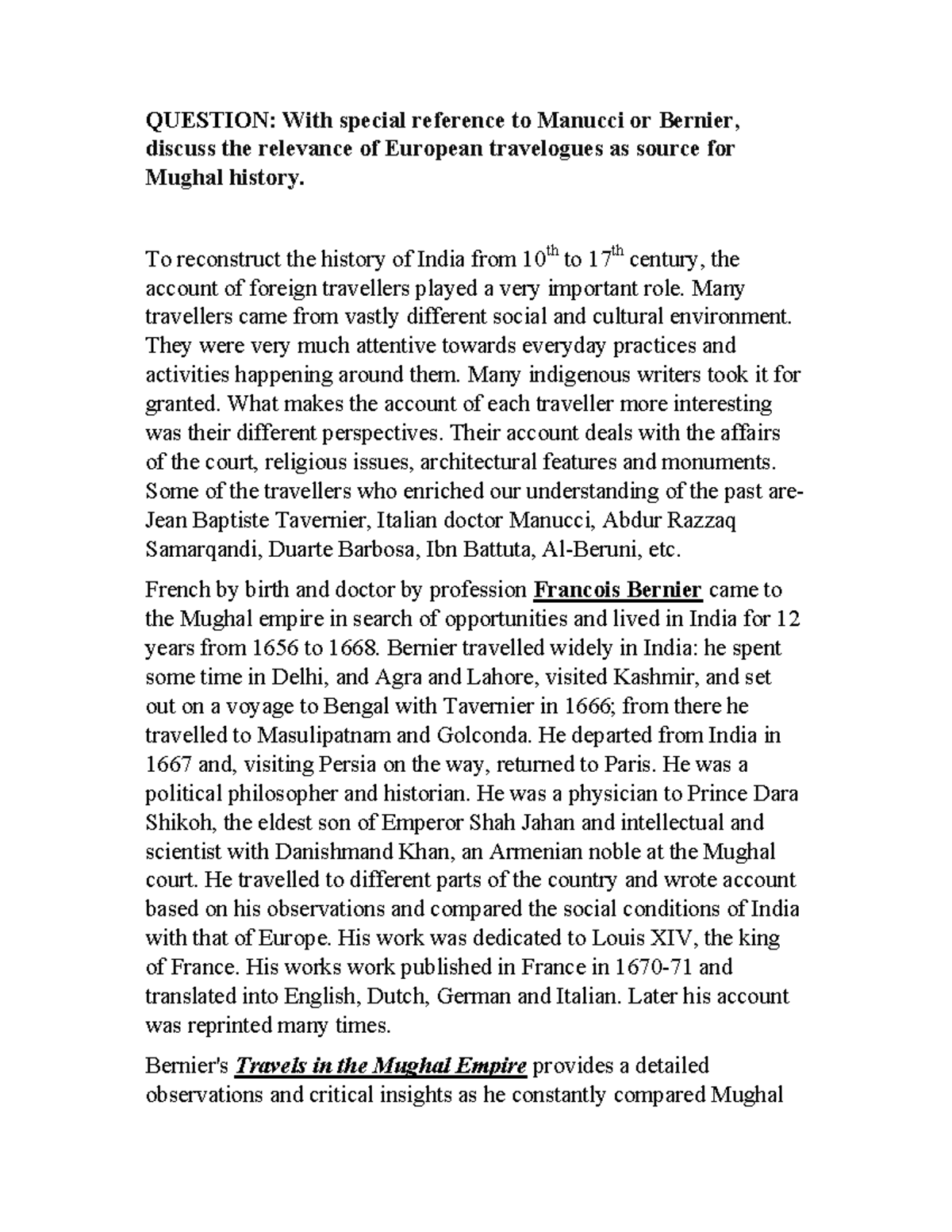 European Travelogues on Mughal India: The Insights of Bernier - Studocu