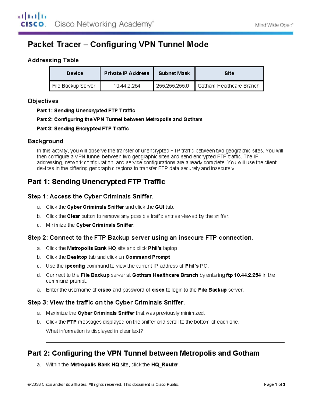 Lab Exercise 4.3: Configuring VPN Tunnel Mode for FTP Traffic - Studocu