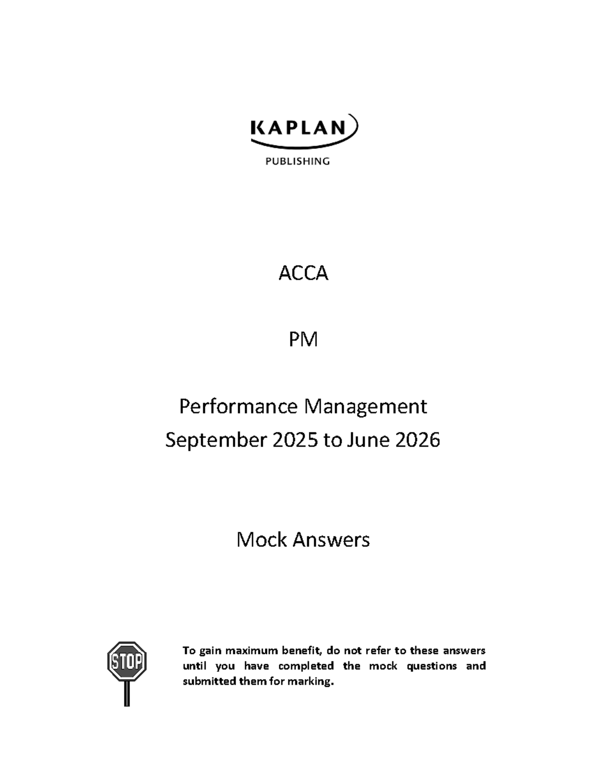 ACCA PM Performance Management Mock Exam Answers (Sept 2025 - June 2026 ...