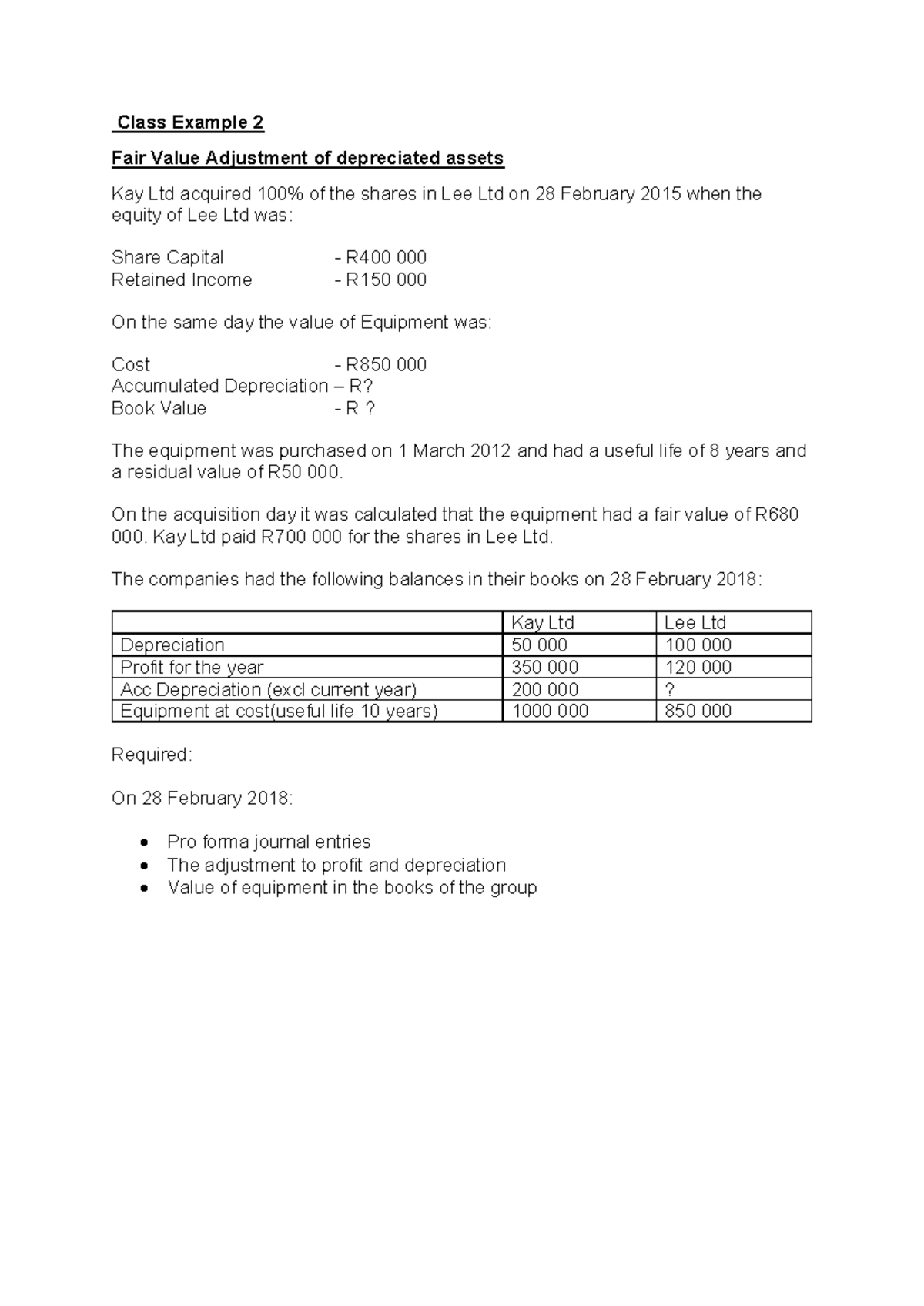 Class Example 2: Fair Value Adjustment of Lee Ltd Assets - Studocu