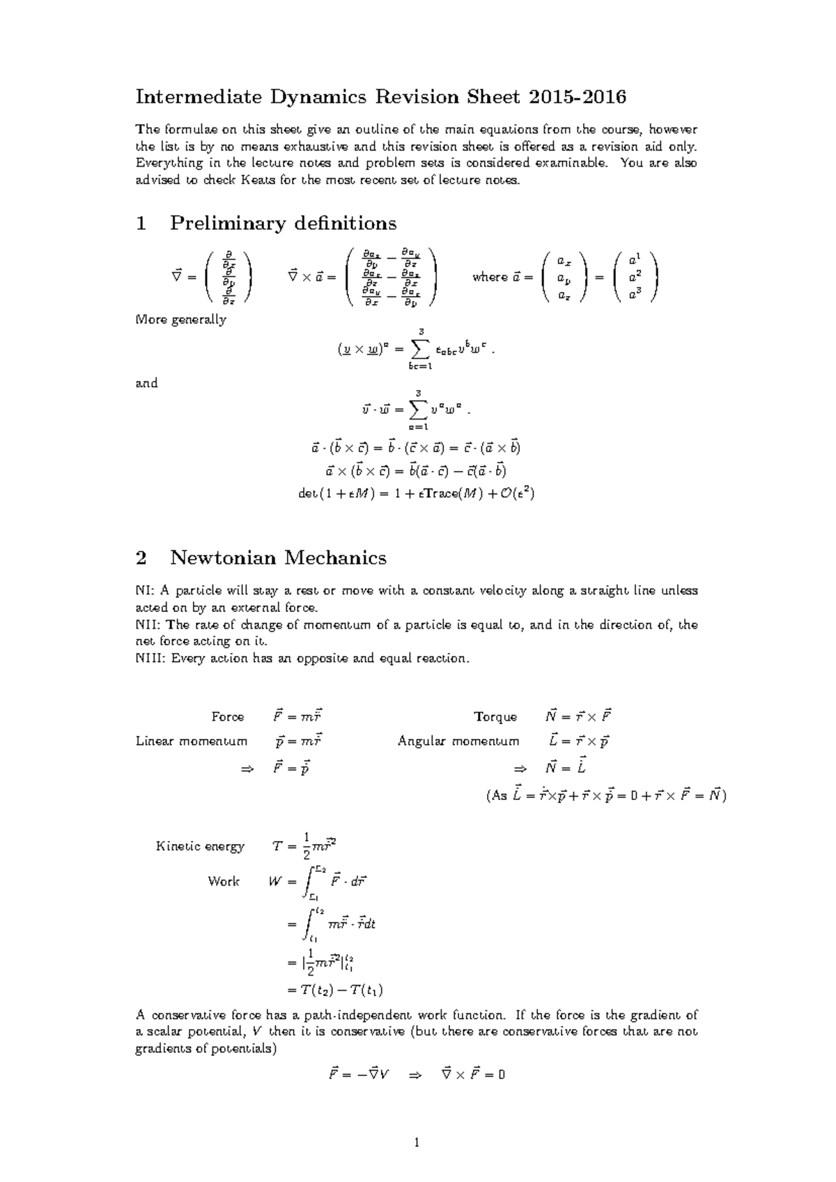 Intermediate Dynamics (Course Code) Revision 4 - Key Equations Summary ...