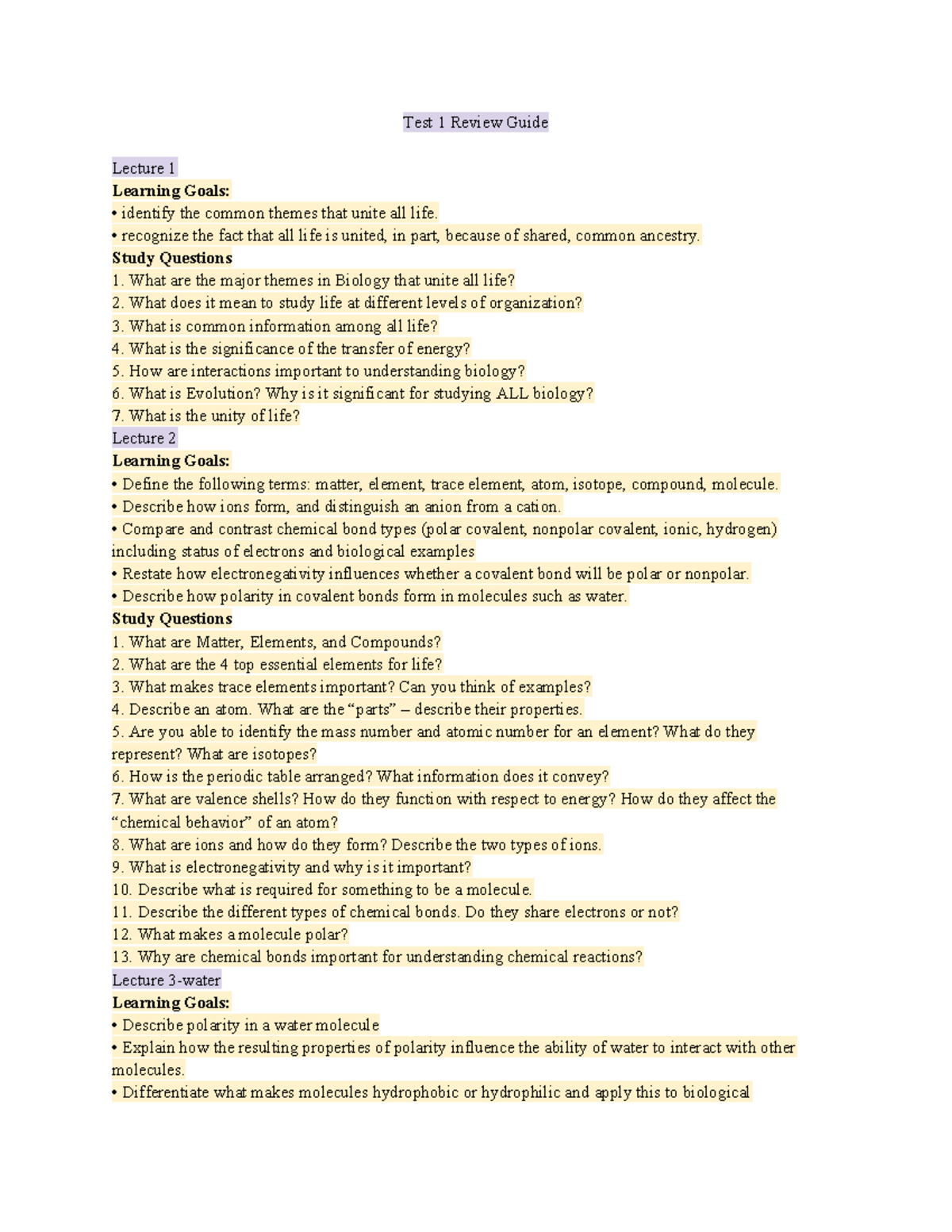 Biology 101: Test 1 Review Guide & Study Questions - Studocu