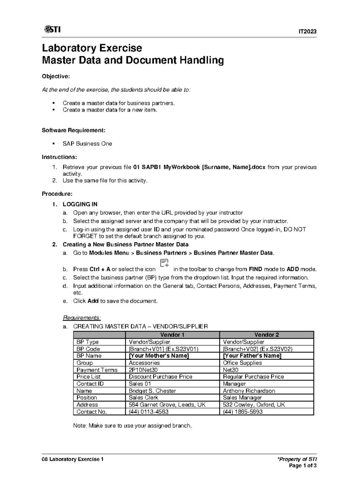 IT 2023: Lab Exercise 08 - Creating Master Data in SAP B1 - Studocu
