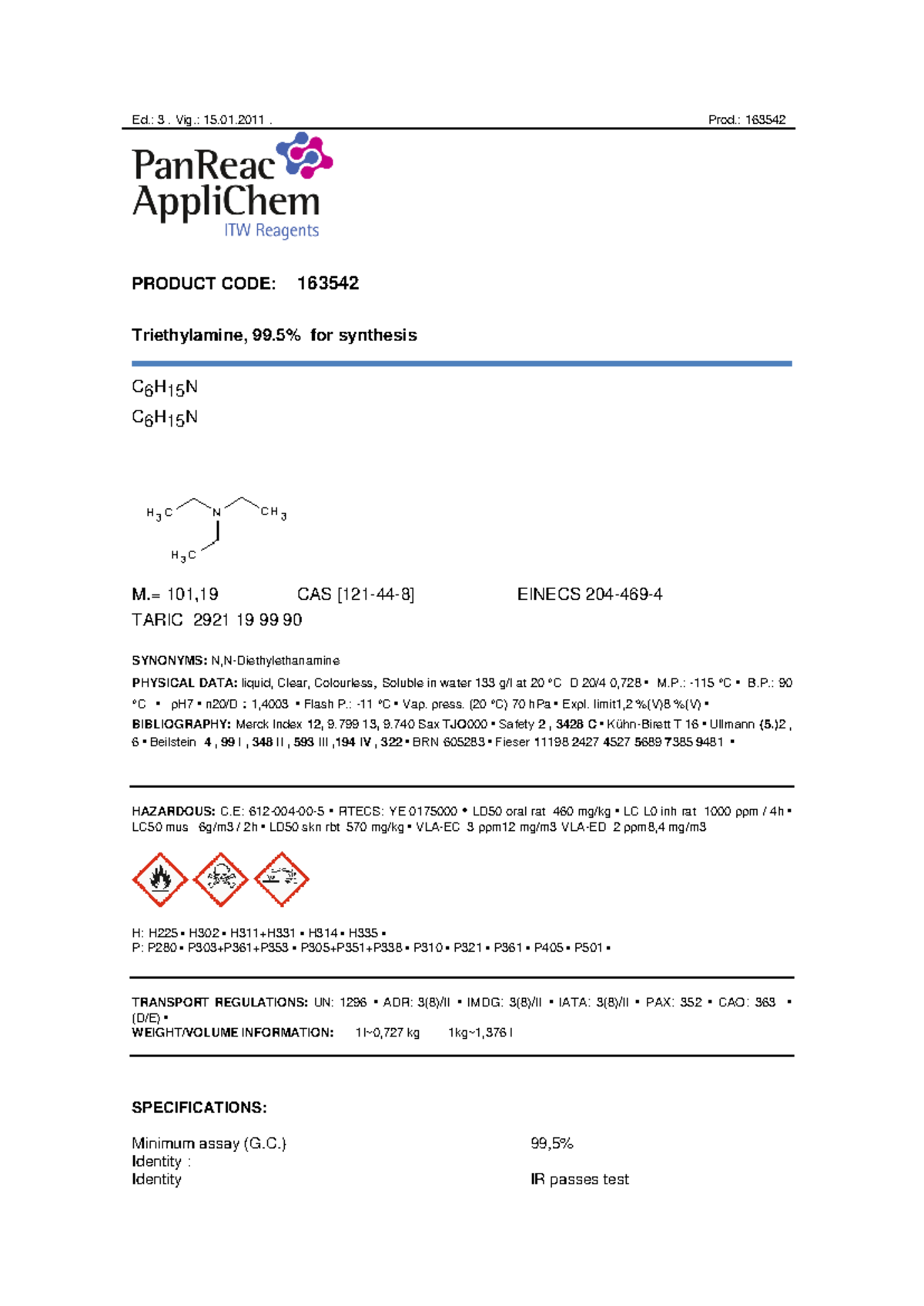 TDS 163542: Triethylamine Product Data Sheet - Studocu