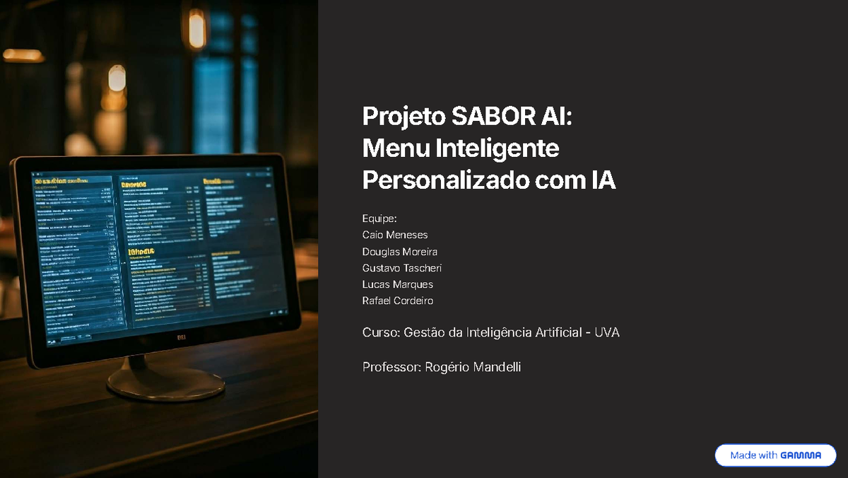 Projeto SABOR AI: Menu Personalizado com IA - Gestão da IA - Studocu