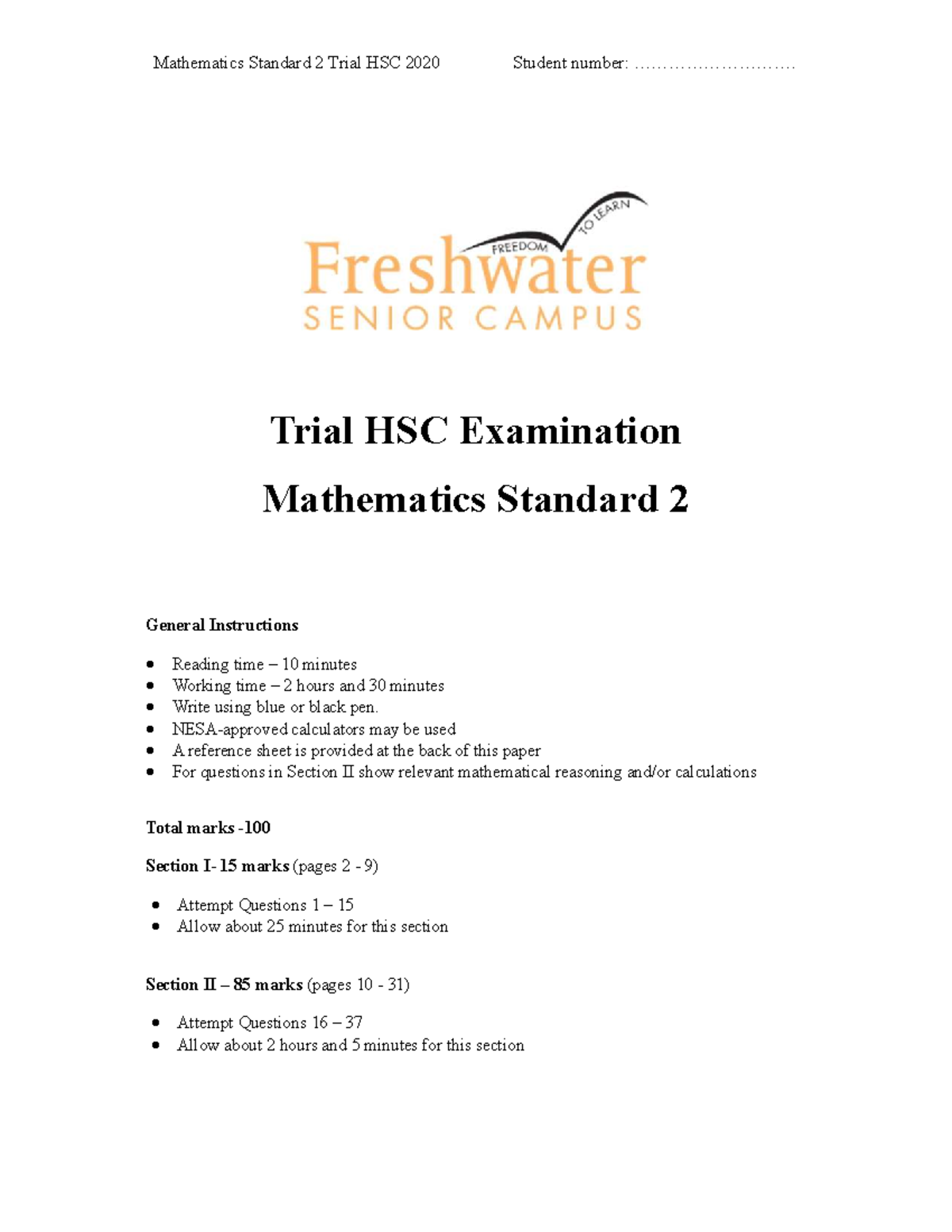 Mathematics Standard 2 Trial HSC 2020 Exam Paper - Studocu