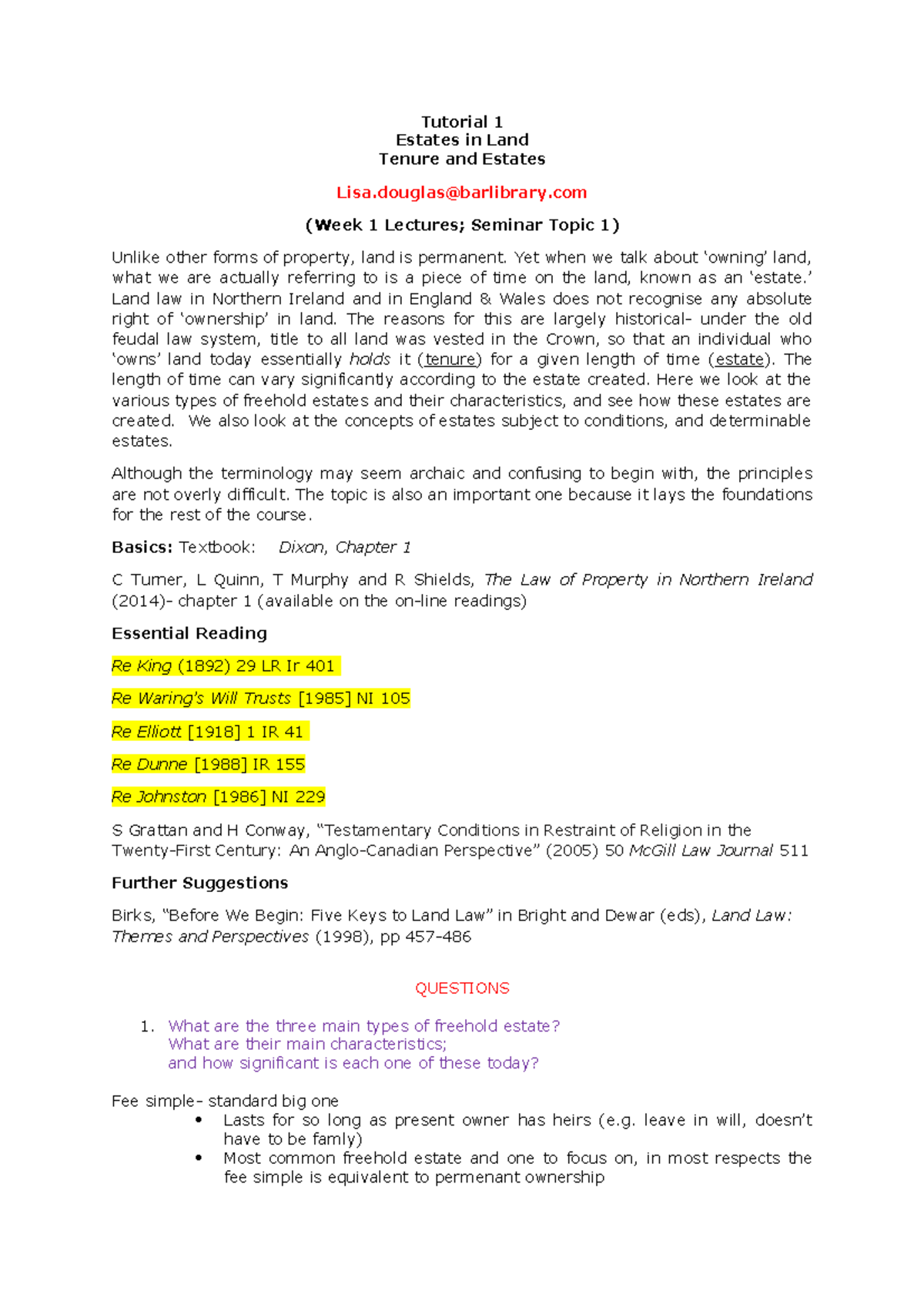 Tutorial 1 - Estates in Land: Key Concepts and Types - Studocu