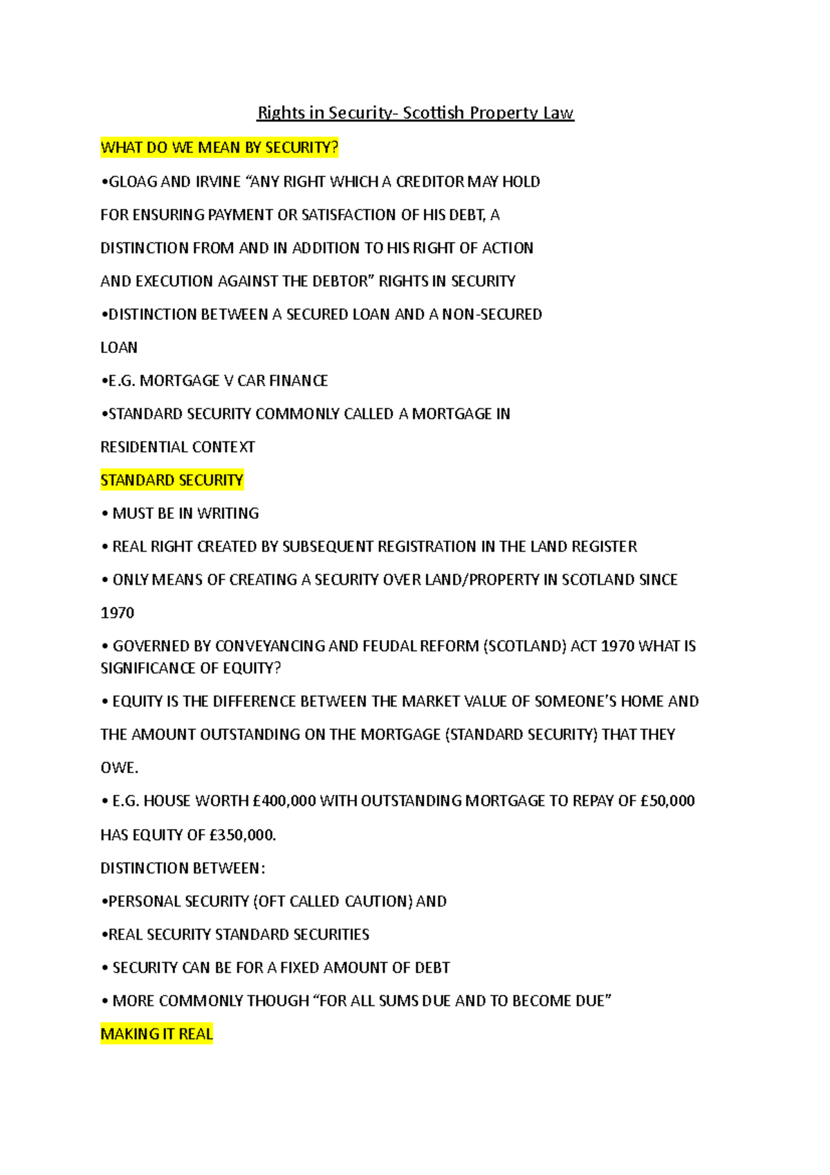 Rights in Security - Scottish Property Law Lecture Notes (1-3) - Studocu