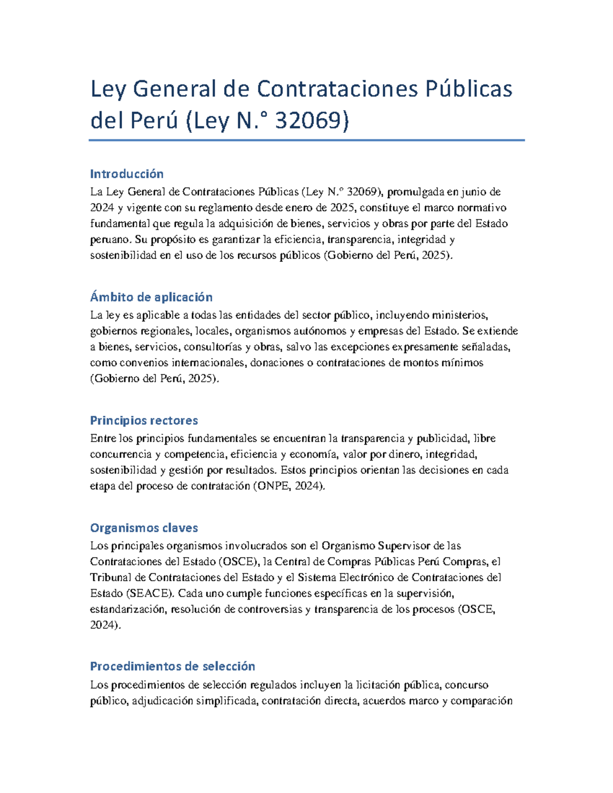 Resumen de la Ley General de Contrataciones Públicas (Ley 32069) - Studocu