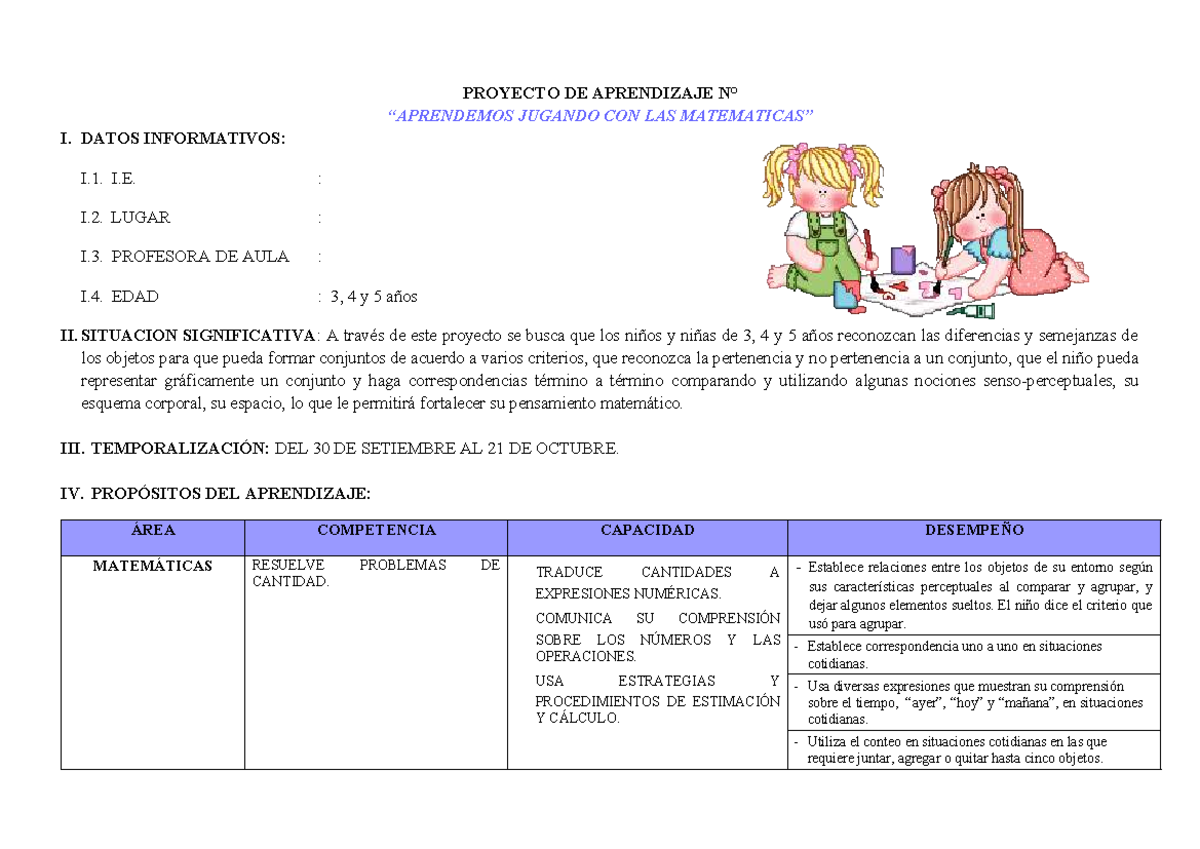 Proyecto de Aprendizaje: Matemáticas para Niños de 3 a 5 Años - Studocu