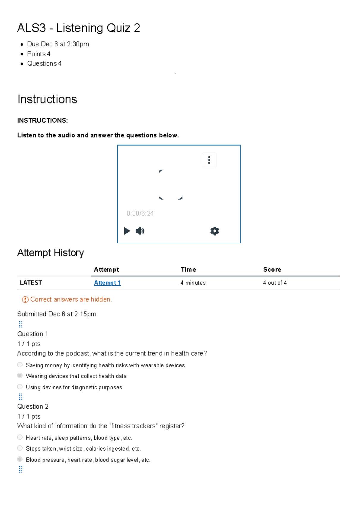 ALS3 Listening Quiz 2: Audio Questions & Instructions - Studocu