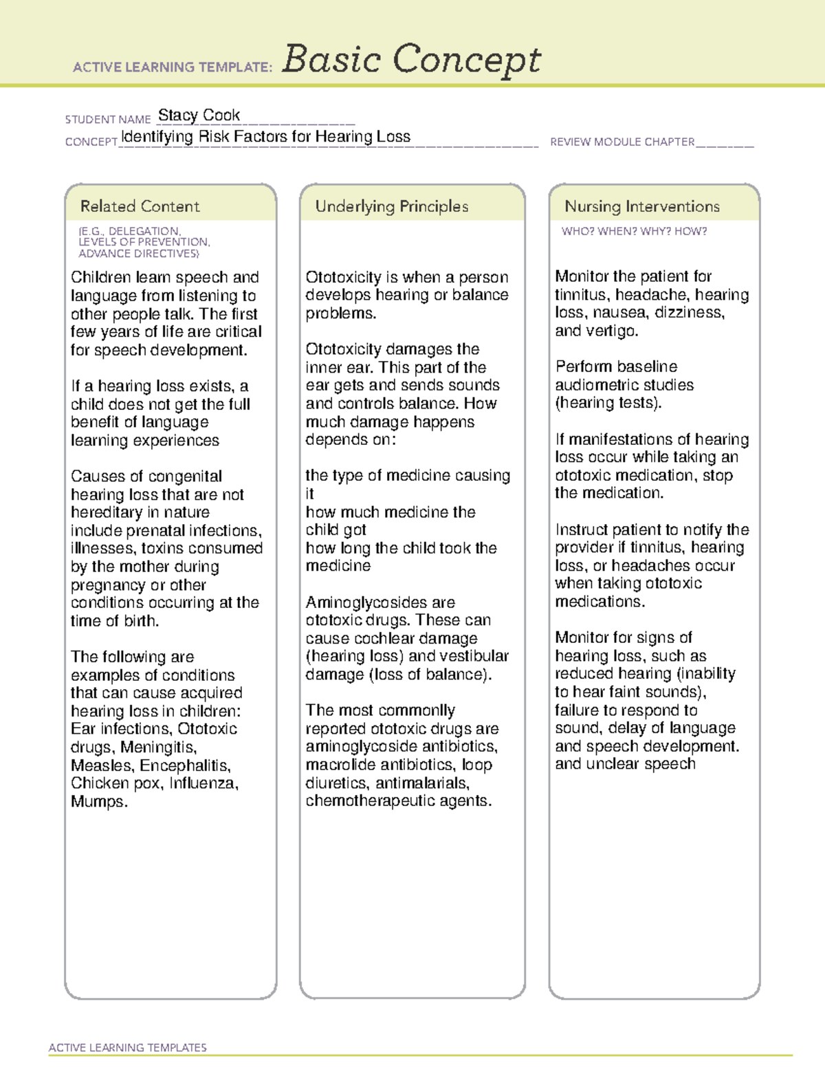 ATI Basic Concept Risk Factors for Hearing Loss ACTIVE LEARNING