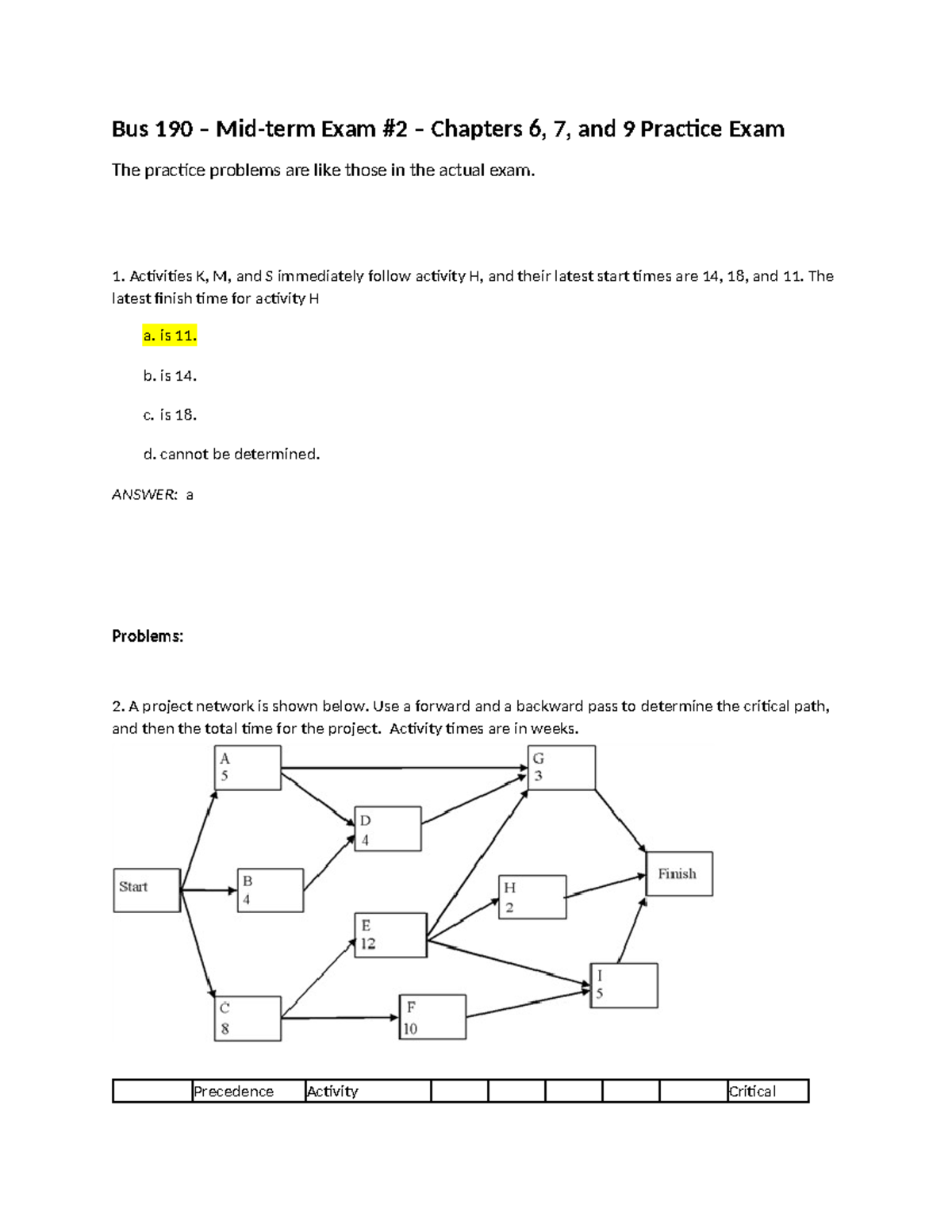 Bus 190 - Midterm 2 Exam - Chs 6, 7, 9 Practice Problems - Studocu